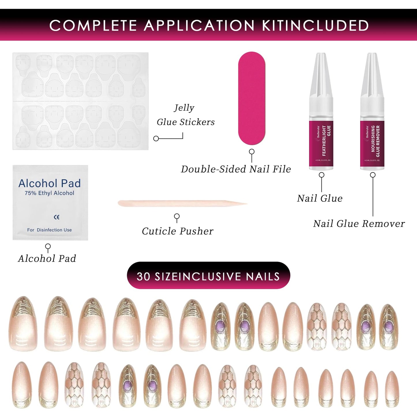 Belleruta Press On Nails Kit, Exquisite Rose Gold Gemstone, Short Almond Fake Nail Tips, 30 PCS Nails Press Ons with Glue and Gel