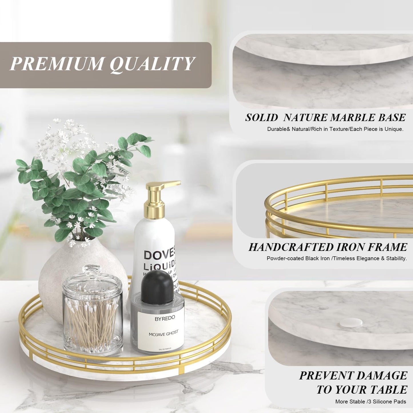 White Marble Lazy Susan Turntable for Table Top – 10” Round Marble Tray Organizer for Bathrroom, Vanity, Dining Table, Kitchen Countertop & Bar, Luxury Stone Serving Tray with Gold Frame