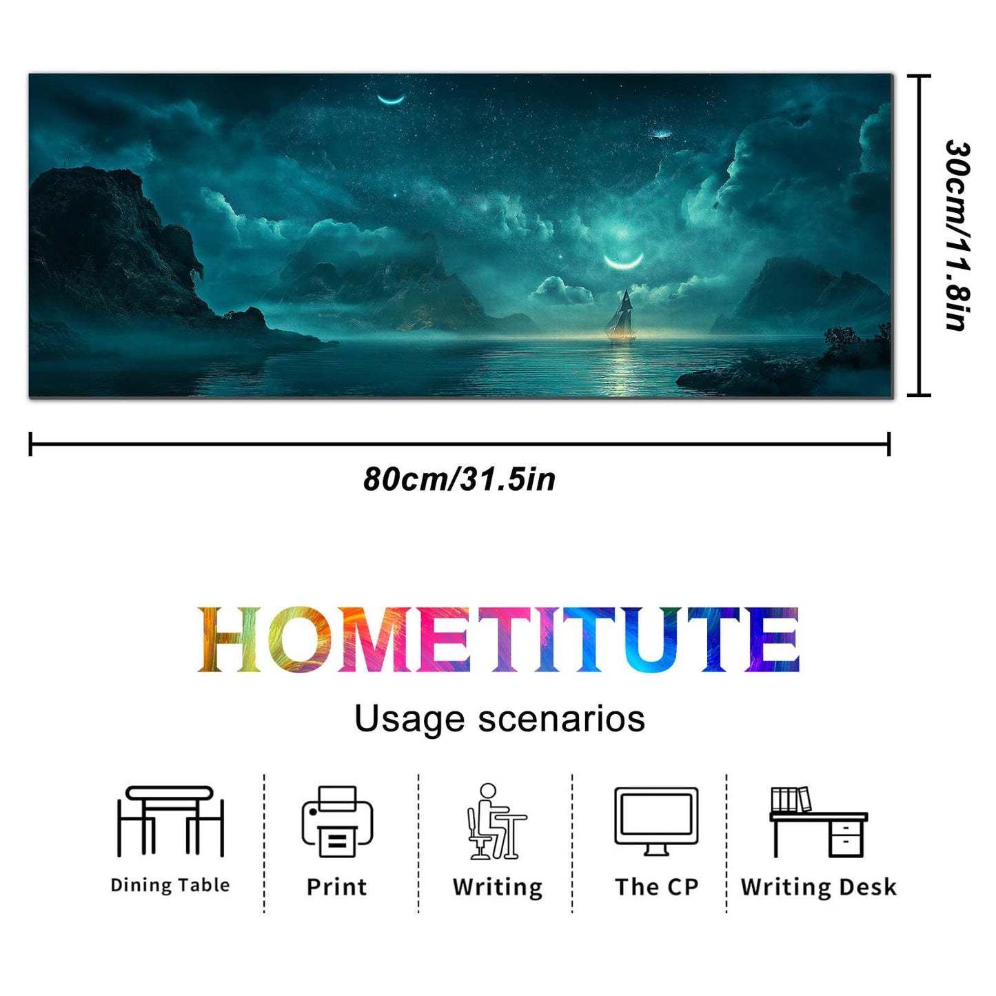 HOMETITUTE Large Mouse Pad 31.5x11.8 Inch Gaming Mousepad Teal Moon Night Seascape Art Non-Slip Keyboard Desktop Protector Mat XL Mouse Pad for Home Office Laptop Wireless Mice Accessories