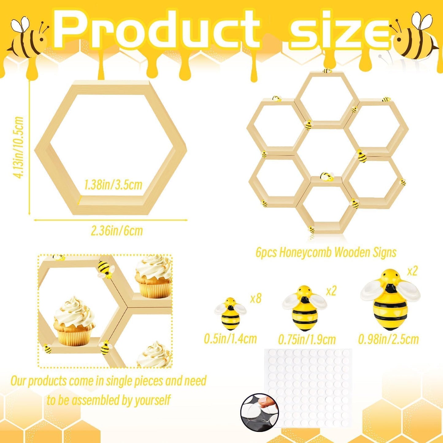 8 Pcs 4.13 Inch Honeycomb Cupcake Stand Cake Farmhouse Hexagon Display Holder Hexagonal Wood Cupcake Stand Floating Table Sign with Wooden Bee for Wedding Baby Shower Birthday Party Table Decorations