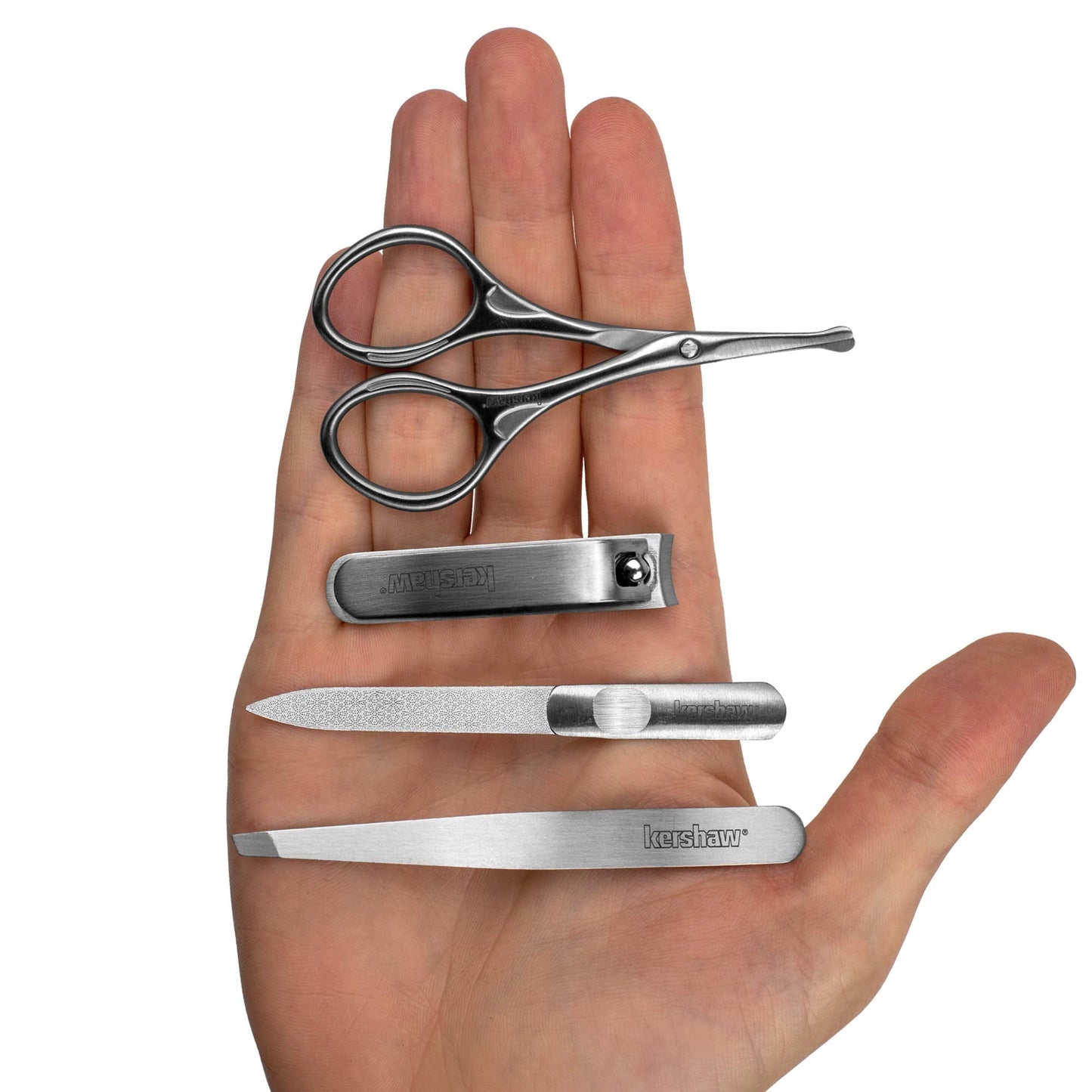 Kershaw Manicure Kit, 4-Piece Stainless Steel Set with Case, Mens Grooming Kits, Includes Fingernail Clipper, Double-Sided Nail File, Beard and Moustache Scissors and Tweezers