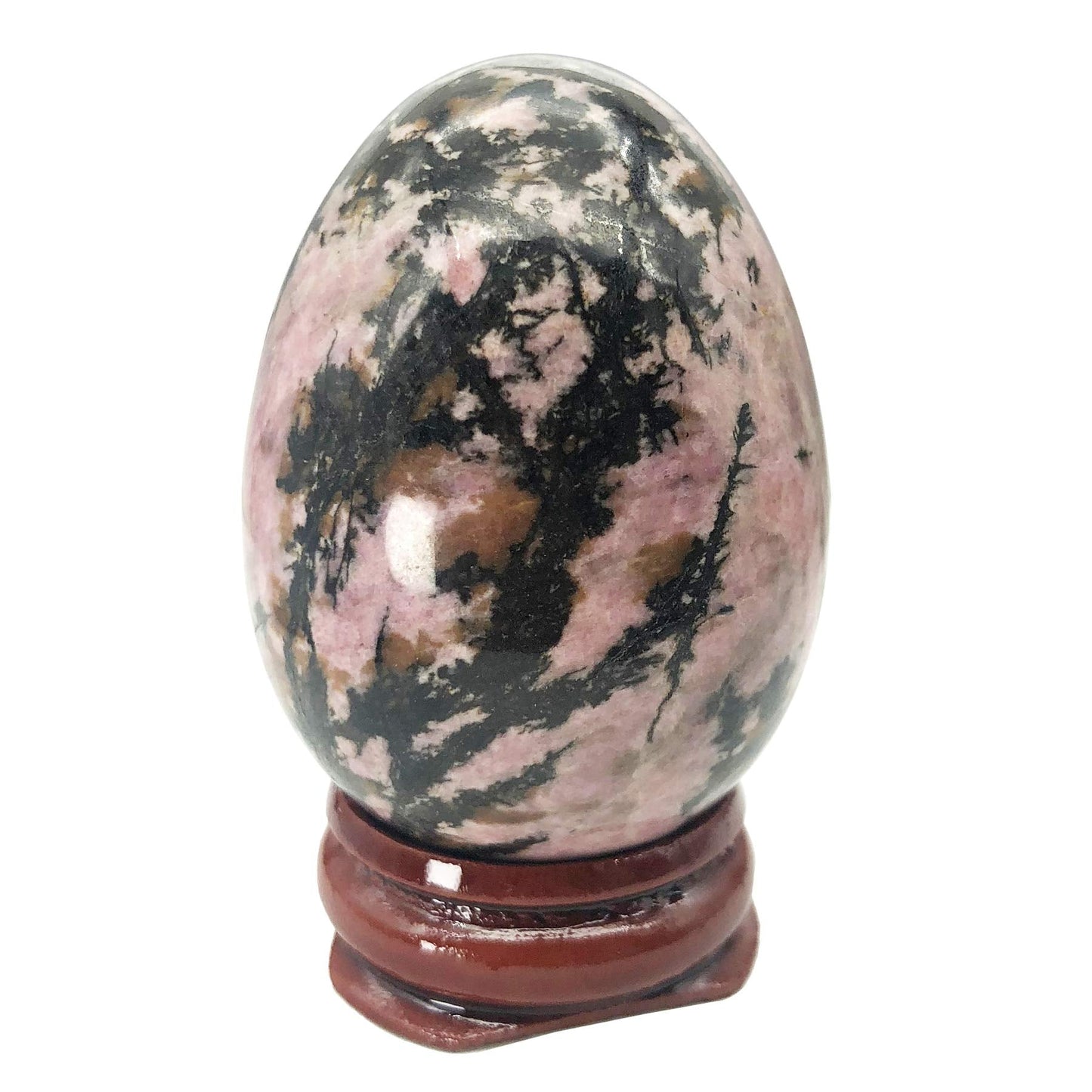 Fekuar Stone Egg Figurine, Polished Healing Crystal Easter Eggs Sphere Sculpture with Wood Stand, Rhodonite, 1.8"