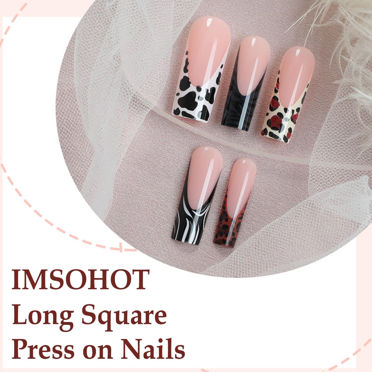IMSOHOT Fall Press on Nails Long Square Fake Nails Glossy Brown French Tips False Nails with Zebra Stripes & Leopard Print Designs Full Cover Acrylic Glue on Nails for Women 24Pcs