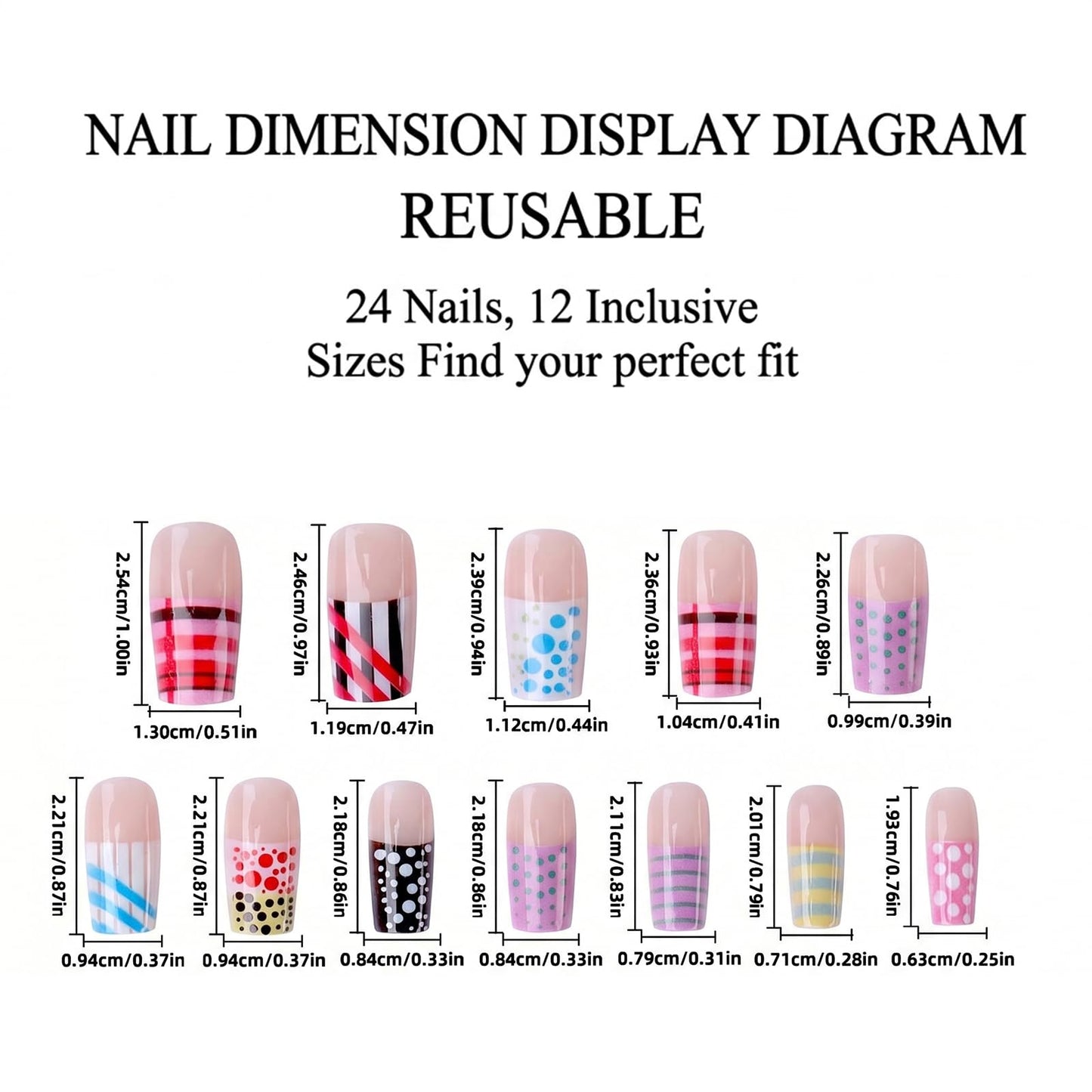 IMSOHOT Square Press on Nails, Long Fake Nails, Colorful Dopamine Polka Dot Stripe, 24 Pcs Reusable Glue on Nails for Women, Salon Quality