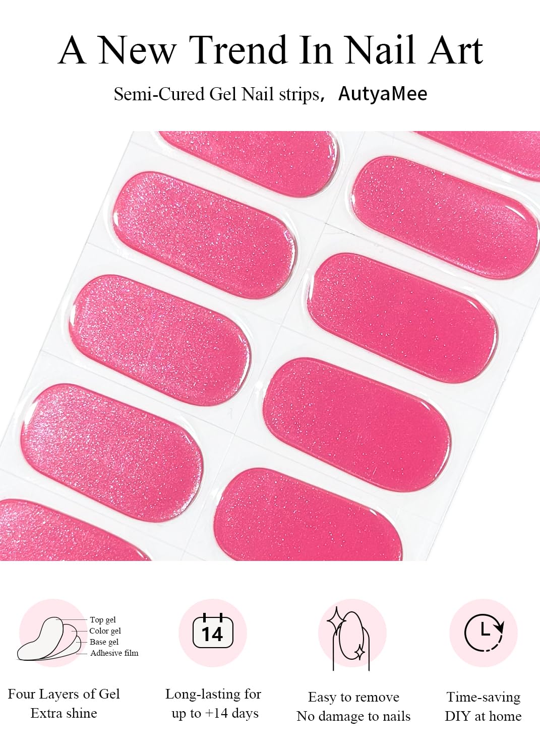 AutyaMee Semi Cured Gel Nail Strips (Chrome Magenta), Hot Pink, 20 Pcs Gel Nail Wraps, Stickers, UV Light Required, Long Lasting