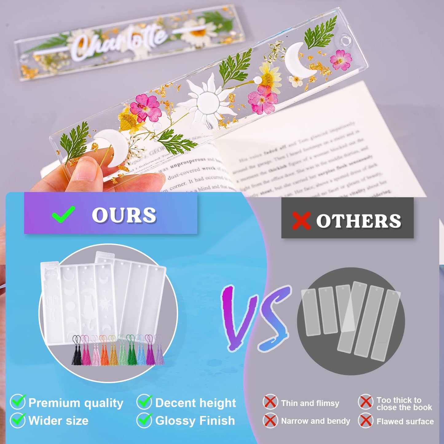 LET'S RESIN Bookmark Resin Molds Silicone 1.5'' Wide, Blank and Cat Moon Pattern Silicone Bookmarks Molds Kit with 20pcs Tassels, Rectangle Bookmark Molds for Epoxy Resin Casting Crafts