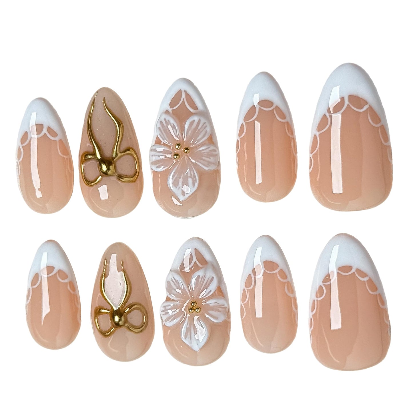 Blossom Bow Fake Nails Press on, 22mm Nude French Floral with Romantic Bow & Flower, Elegant Bridal Acrylic Nail Set for Women, Dates & Spring (Multicolor, S)
