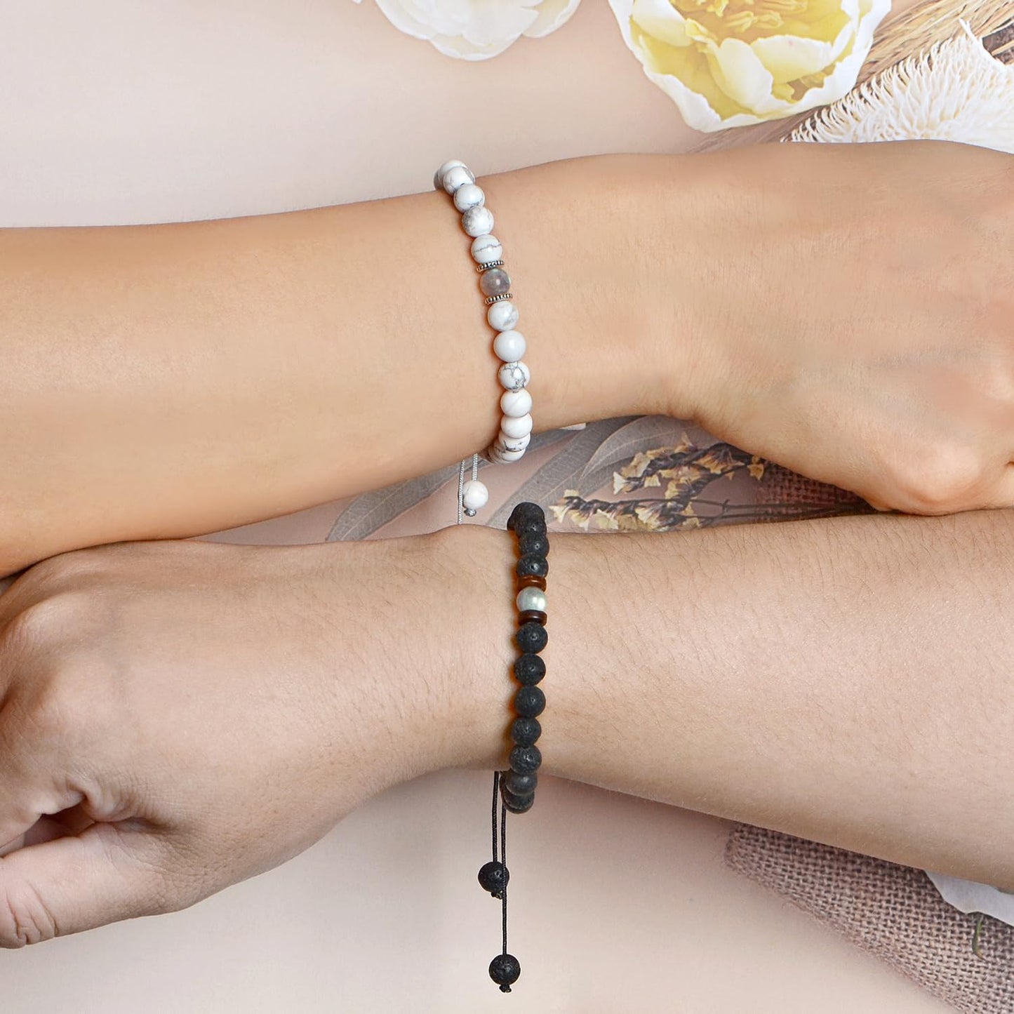 QOGIR Matching Couples Bracelets Natural White Howlite Black Lava Adjustable String Bracelet