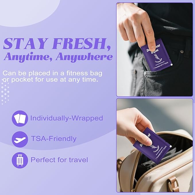 Travel Deodorant Wipes Individually Wrapped,Body Wipes to Clean Skin for Women Men（Lavender,pack of 50)
