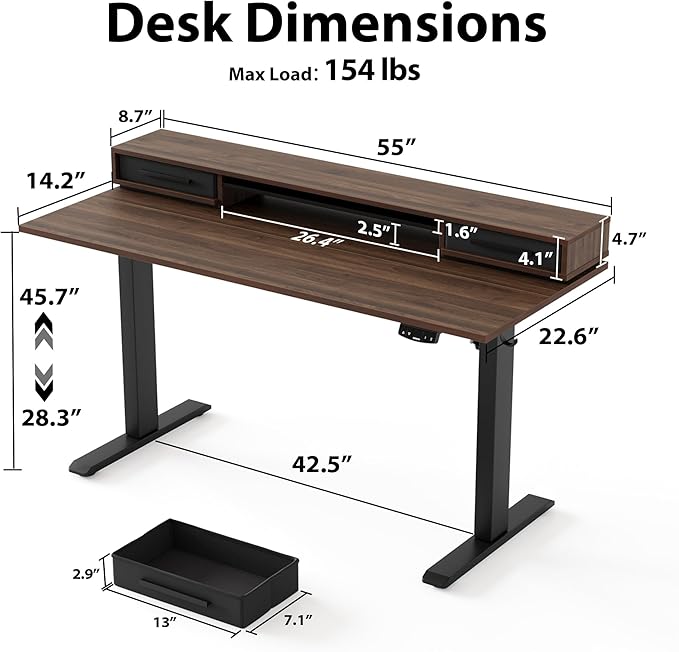 Agilestic 55 Inch Electric Standing Desk with Drawers, Adjustable Desk with Storage Shelf, Stand Up Home Office Computer Table, Splice Board, Dark Walnut