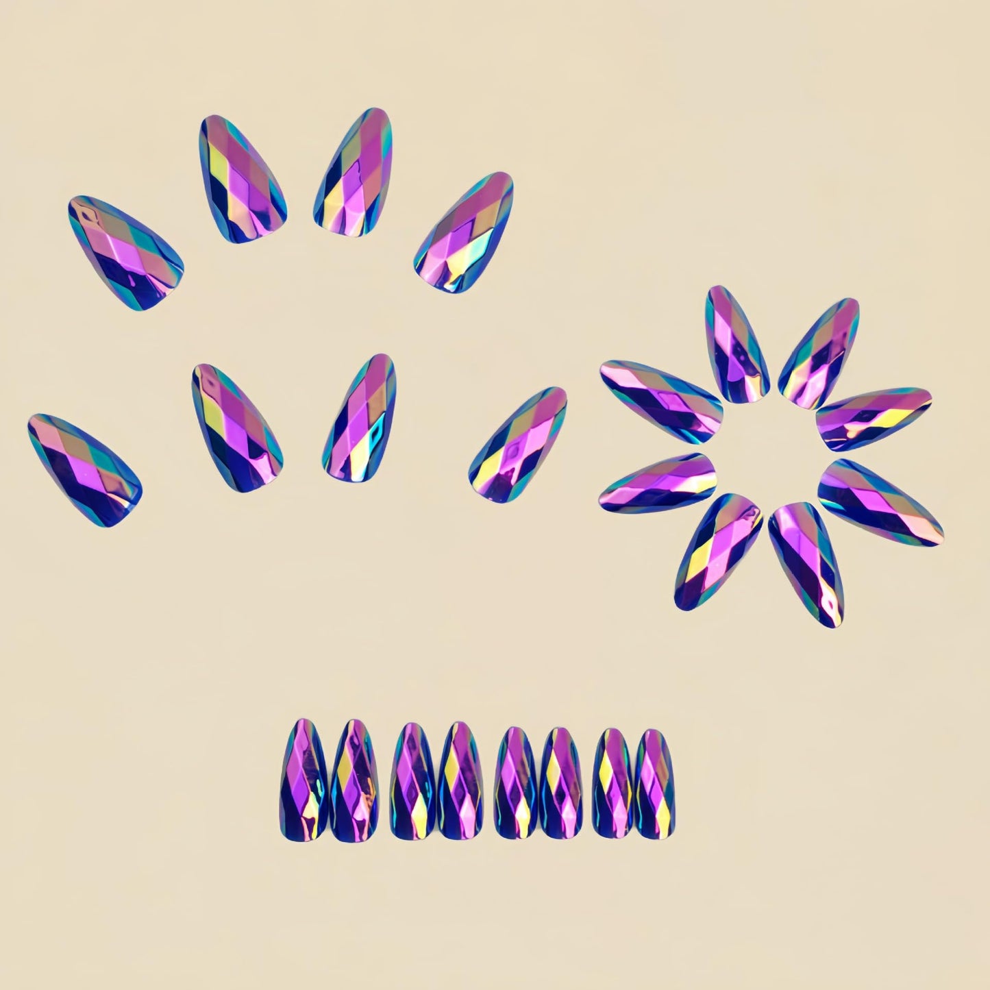 RUOKEXIN Almond Press on Nails Medium Length Fake Nails Chrome False Nails with 3D Rhombus Designs Full Cover Nail Press ons Sparkly Artificial Nails for Women 24Pcs(Dark Purple)