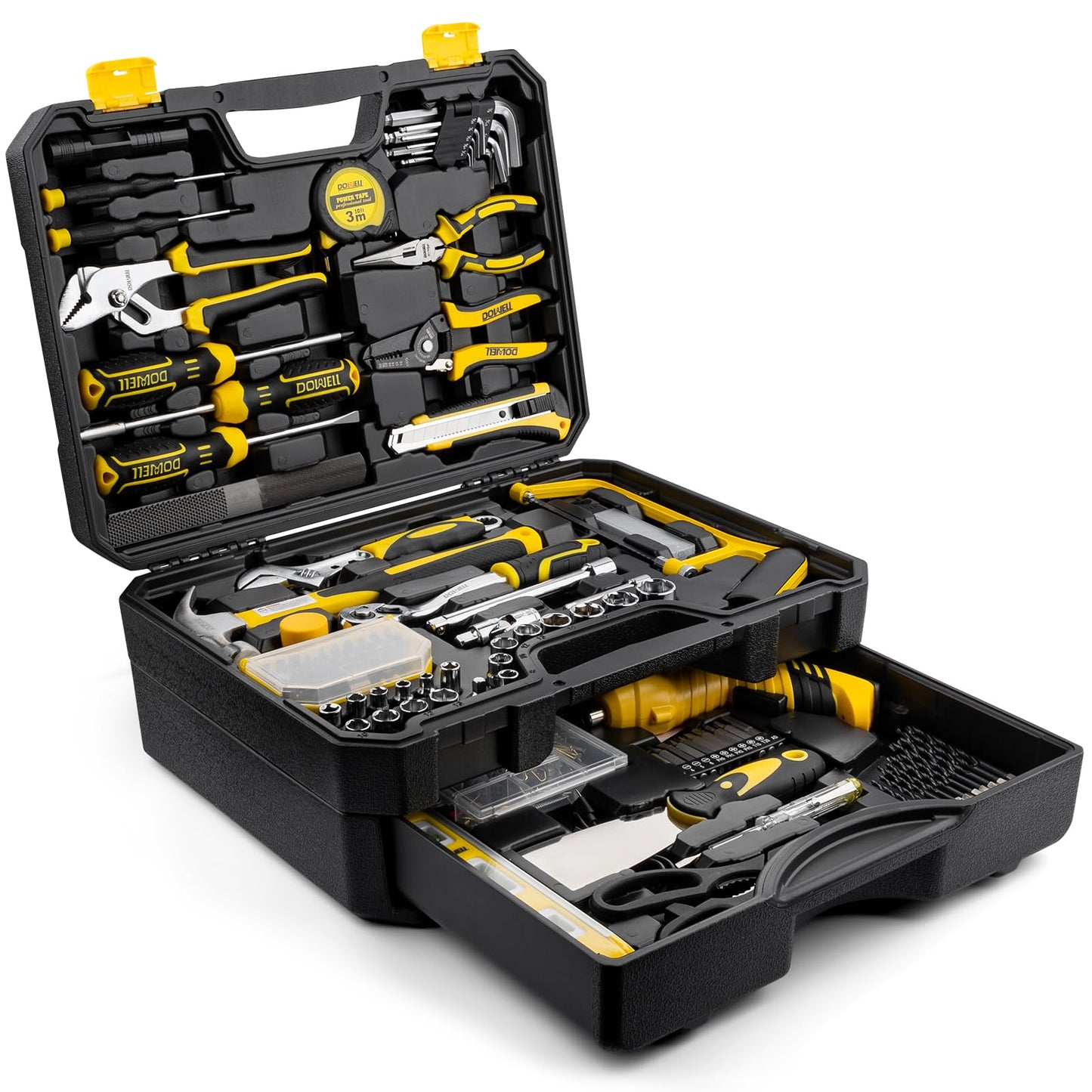 DOWELL 219-Piece Home Tool Set with 3.6V Electric Screwdriver, General Household Tool Kit in Drawer Toolbox for DIY, Furniture Assembly & Repair (Screwdriver, Hex Keys, Wrench, Hammer Included)