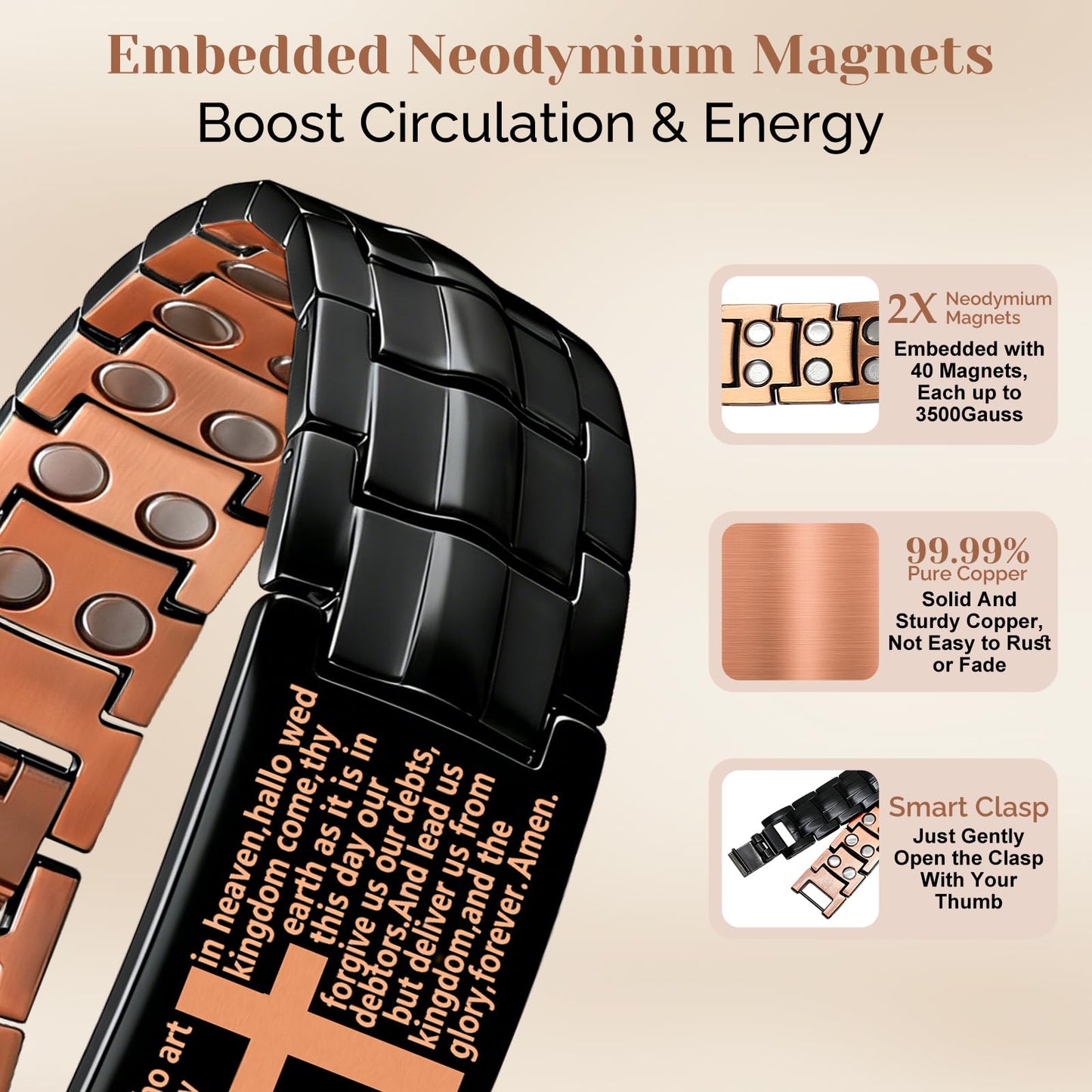 JEROOT Men's 99.99% Pure Copper Magnetic Bracelet, 3500 Gauss Magnets Adjustable with Sizing Tool