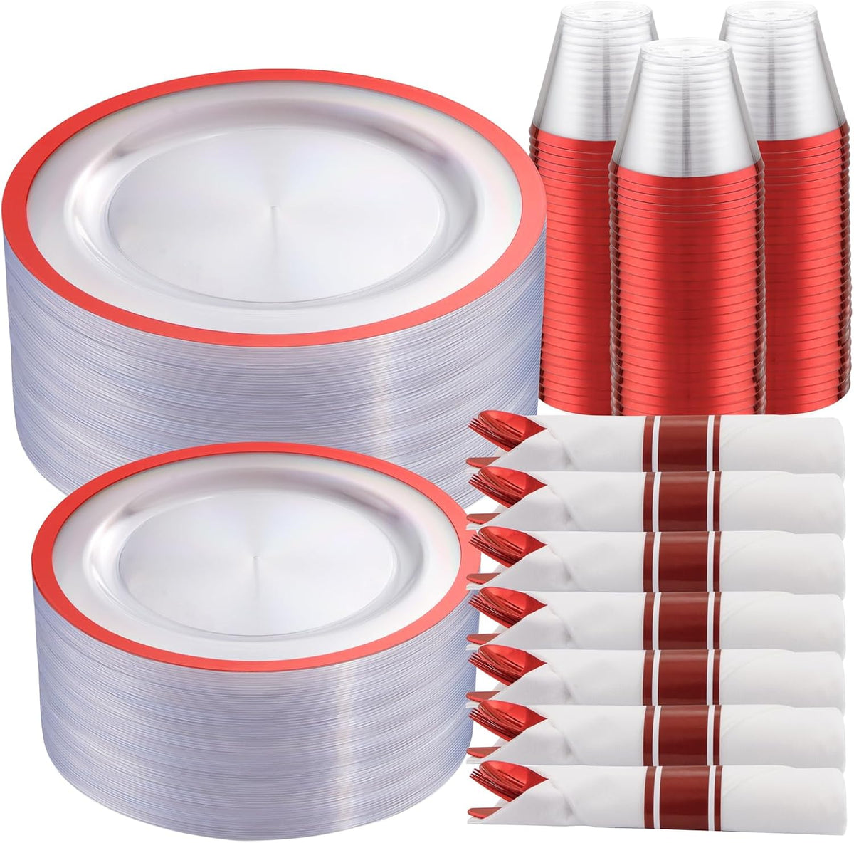 I00000 210 Pcs Red Dinnerware Set,Clear and Red Plastic Plates Include 30 Dinner Plates, 30 Dessert Plates,30 Cups,30 Rolled Napkins with Plastic Cutlery for Romantic Dinner, Christmas Party Supplies