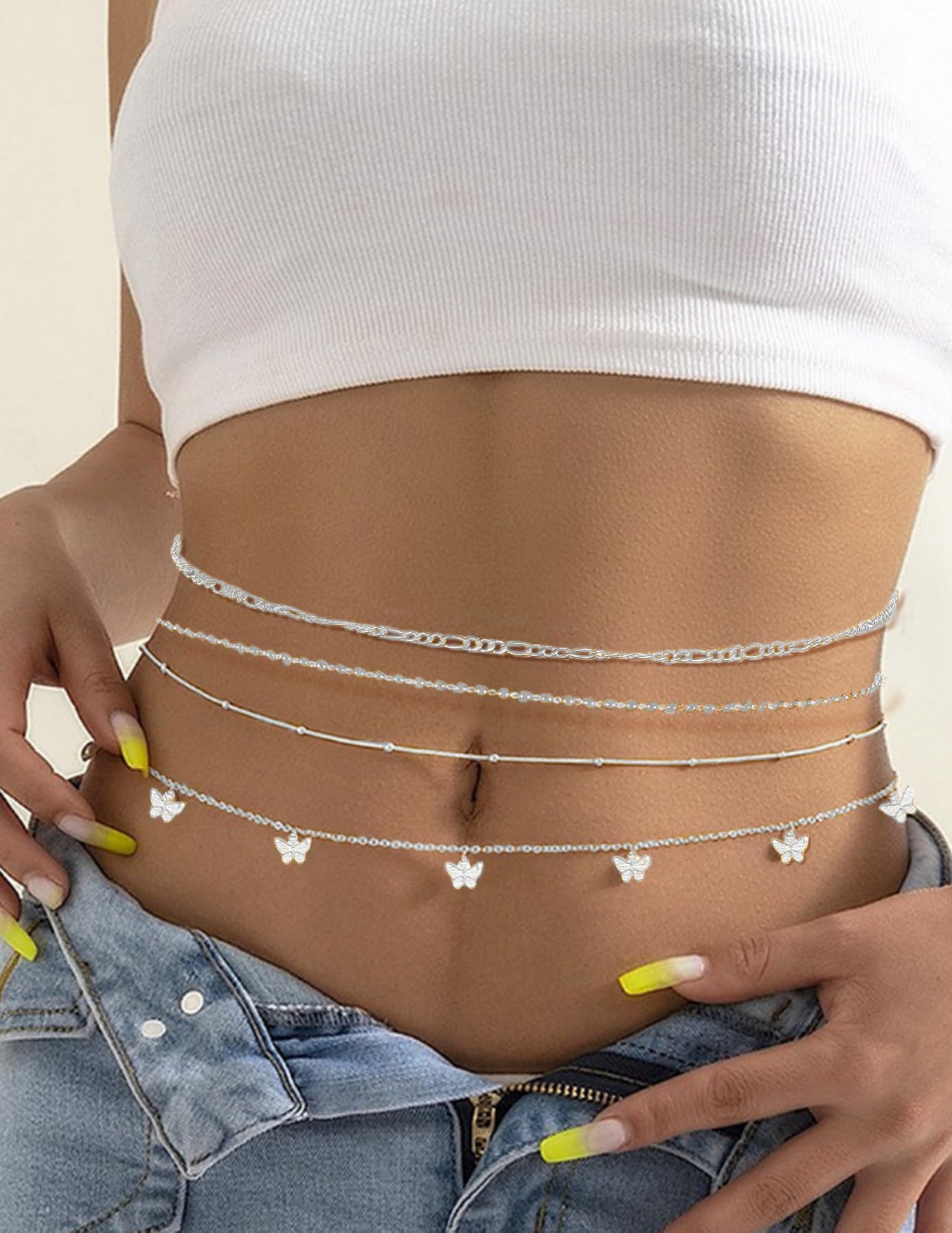 Tornito 8Pcs Waist Belly Chain CZ Pearl Bead Belly Chain Summer Beach Sexy Body Chains Jewelry Accessories for Women Adjustable