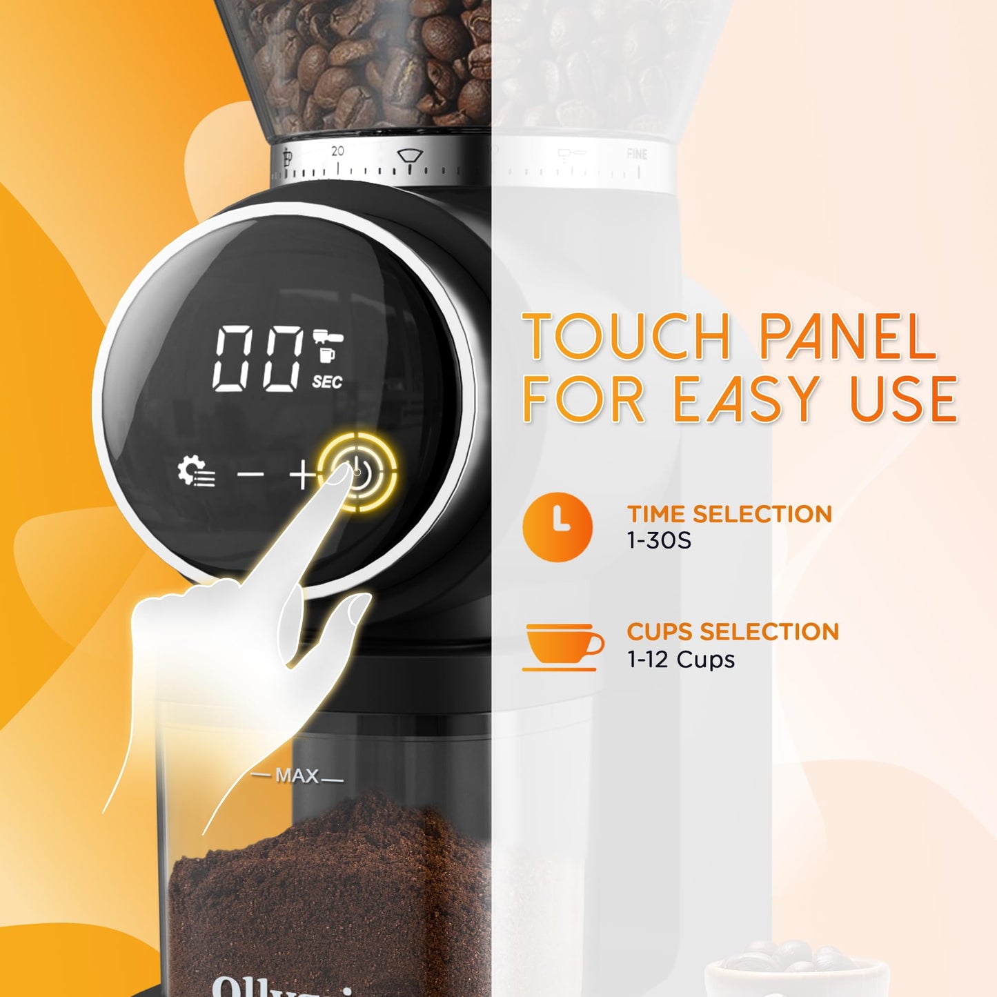 Ollygrin Conical Burr Coffee Grinder Electric, Compact Coffee Grinder for Home Use,Burr Mill Grinder with 30 Precise Grinding Sizes, Touch Panel, Removable Burr & Coffee Container, 2-12 Cups