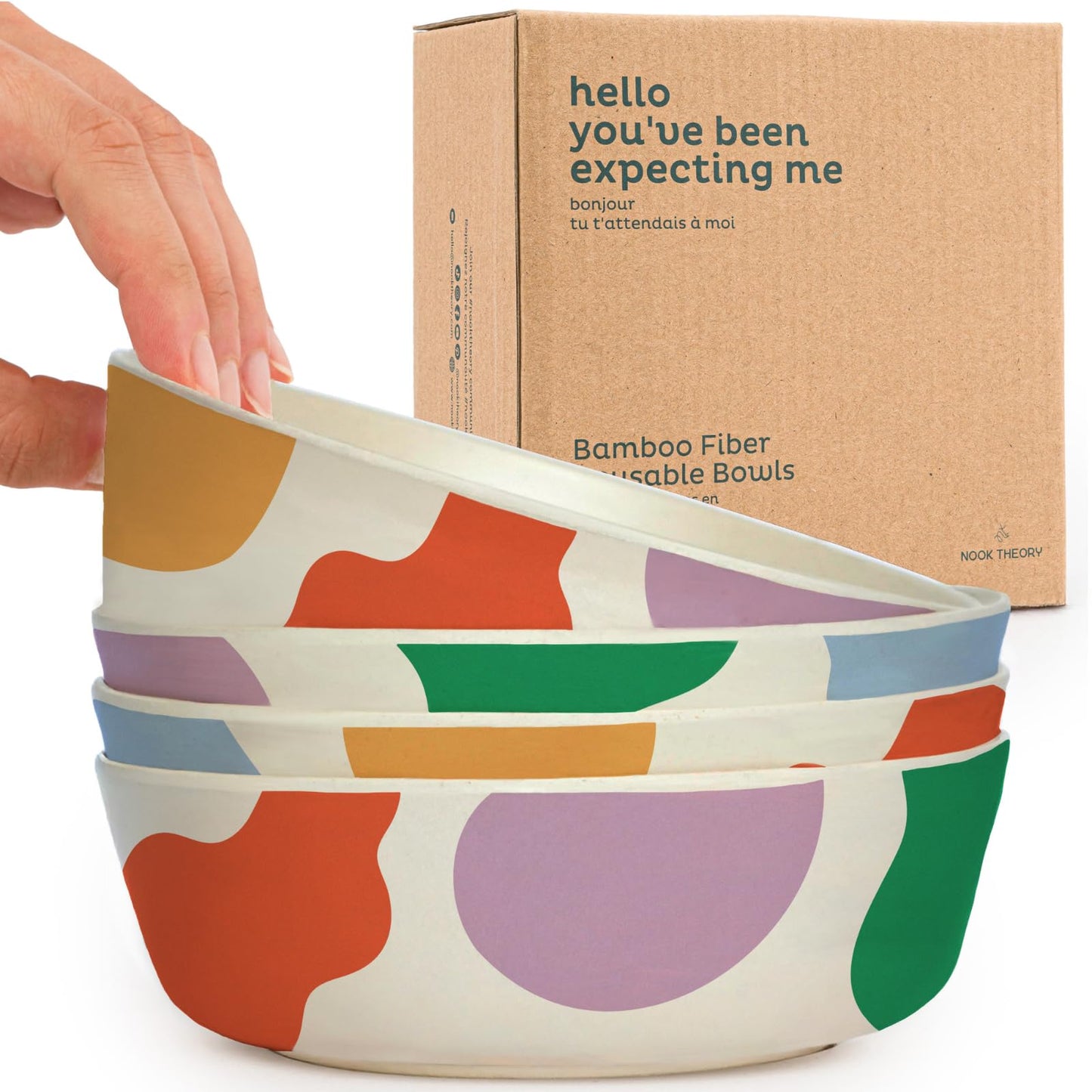 Nook Theory 4 Pack Bamboo Bowls - 18 Oz Reusable Bowl, Dishwasher Safe - Not Microwavable Bamboo Dishes (Bloop)