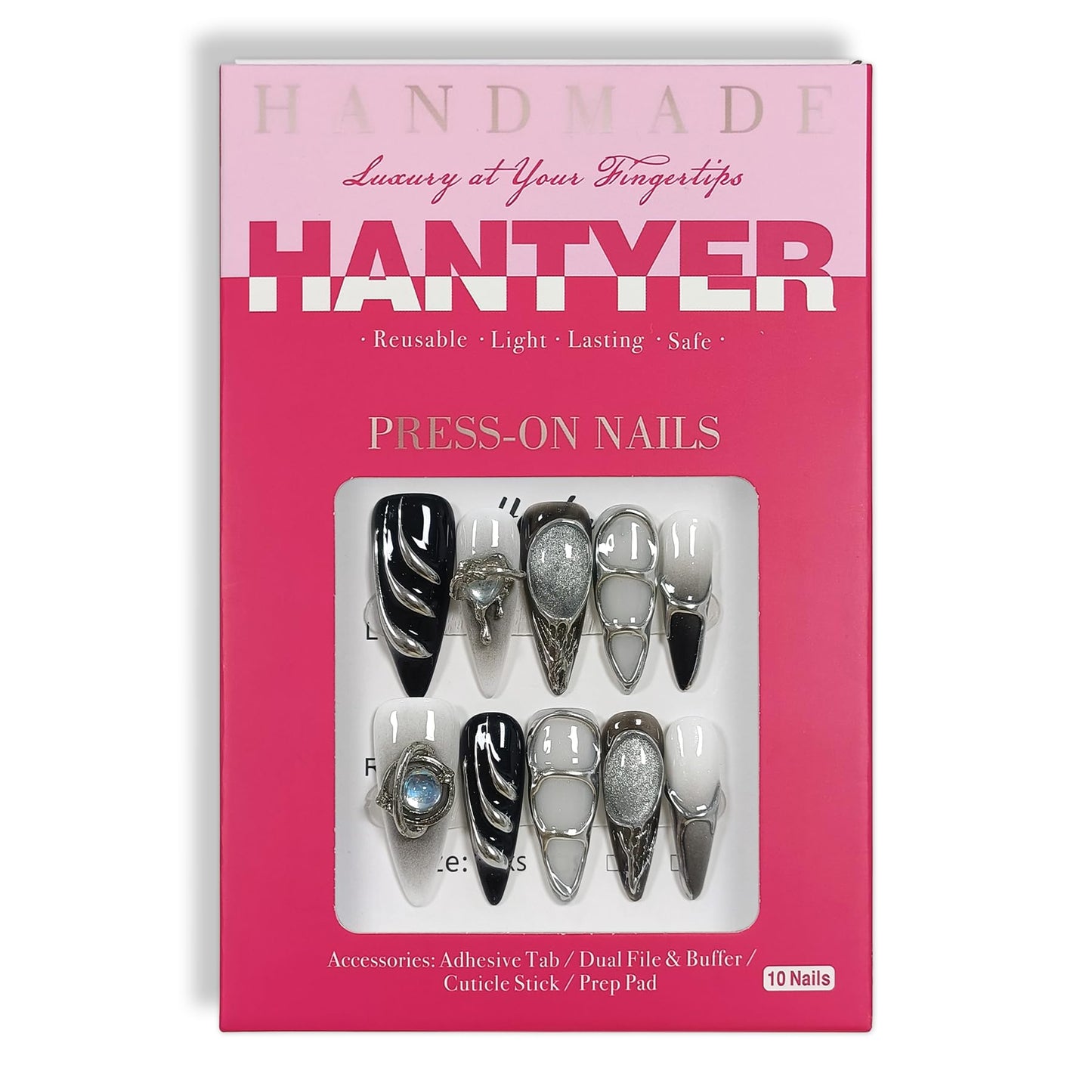 Hantyer Gothic Press on Nails with Tools Kit, 10pcs Long Stiletto Glossy Nails in Black & Metallic Silver, Hand-Painted 3D Art & Round Cat Eye Charms, Edgy Style for Concerts & Parties (Size M)