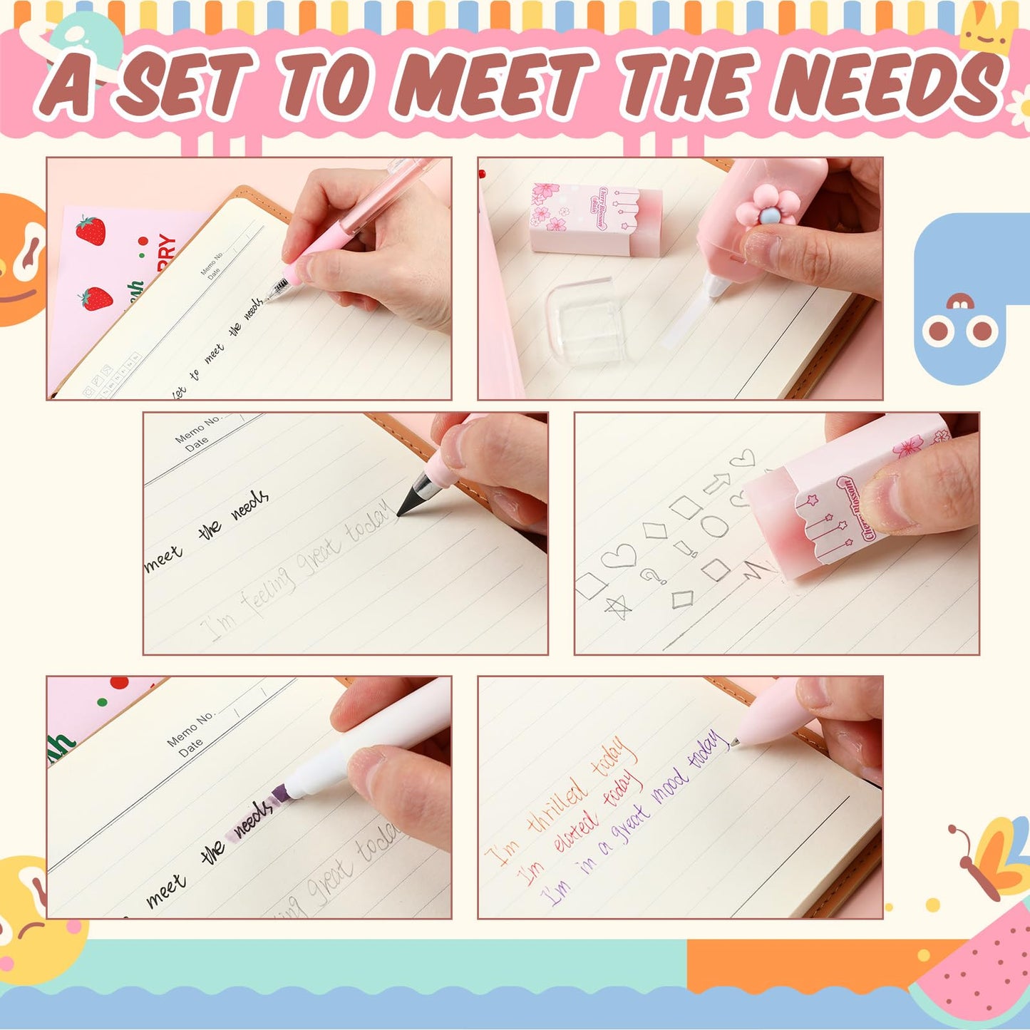 Sayglossy 5 Sets 7 Pcs Kawaii Stationery Set Cute Stationery Mini Office Supply Kit Cute School Supplies Including Ballpoint Pens Pencil Sharpener Highlighter Correction Tape Ruler Utility Knife