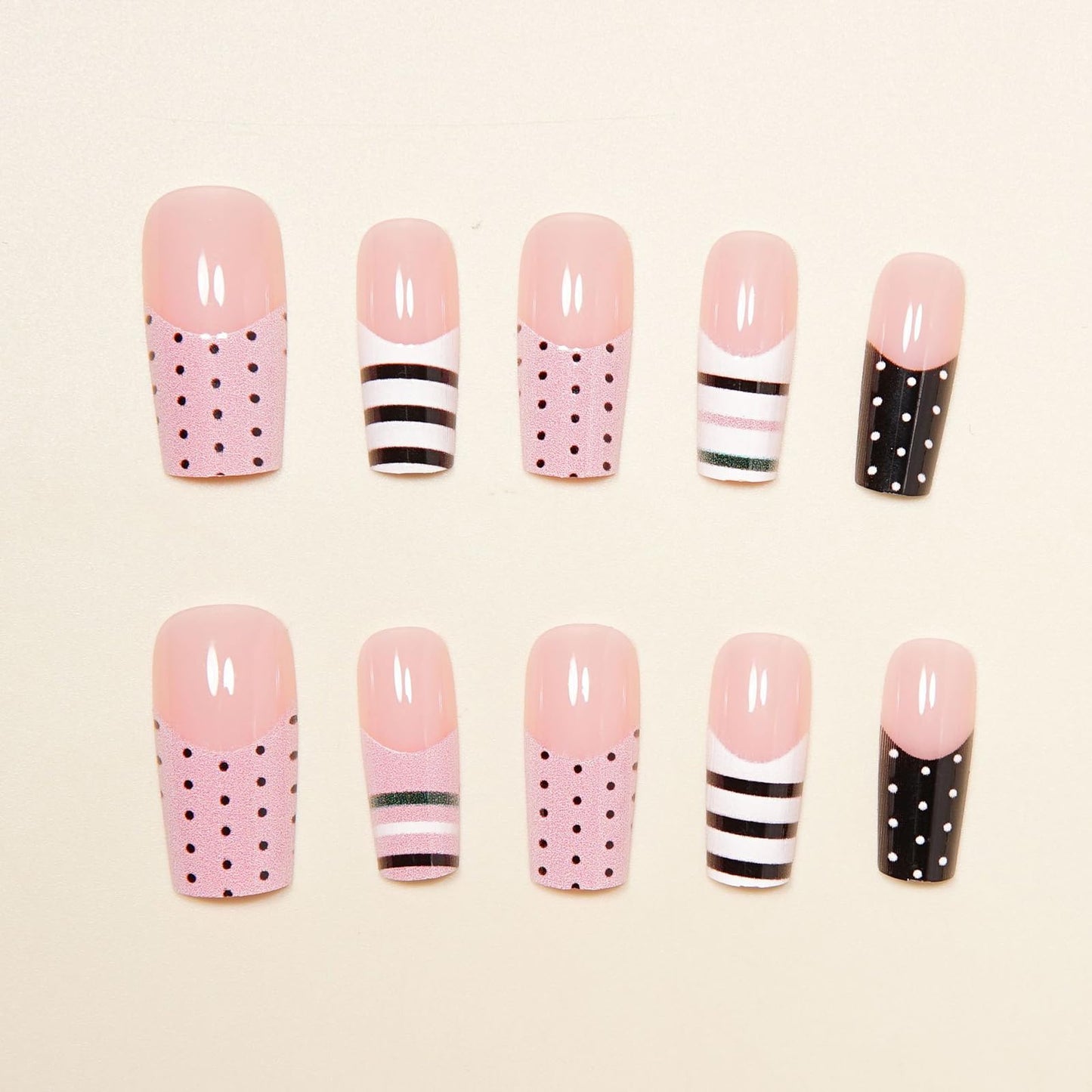 MISUD Press on Nails - Long Square Fake Nails with Pink Black French Tip, Acrylic Polka Dot Stripe Design 24 pcs