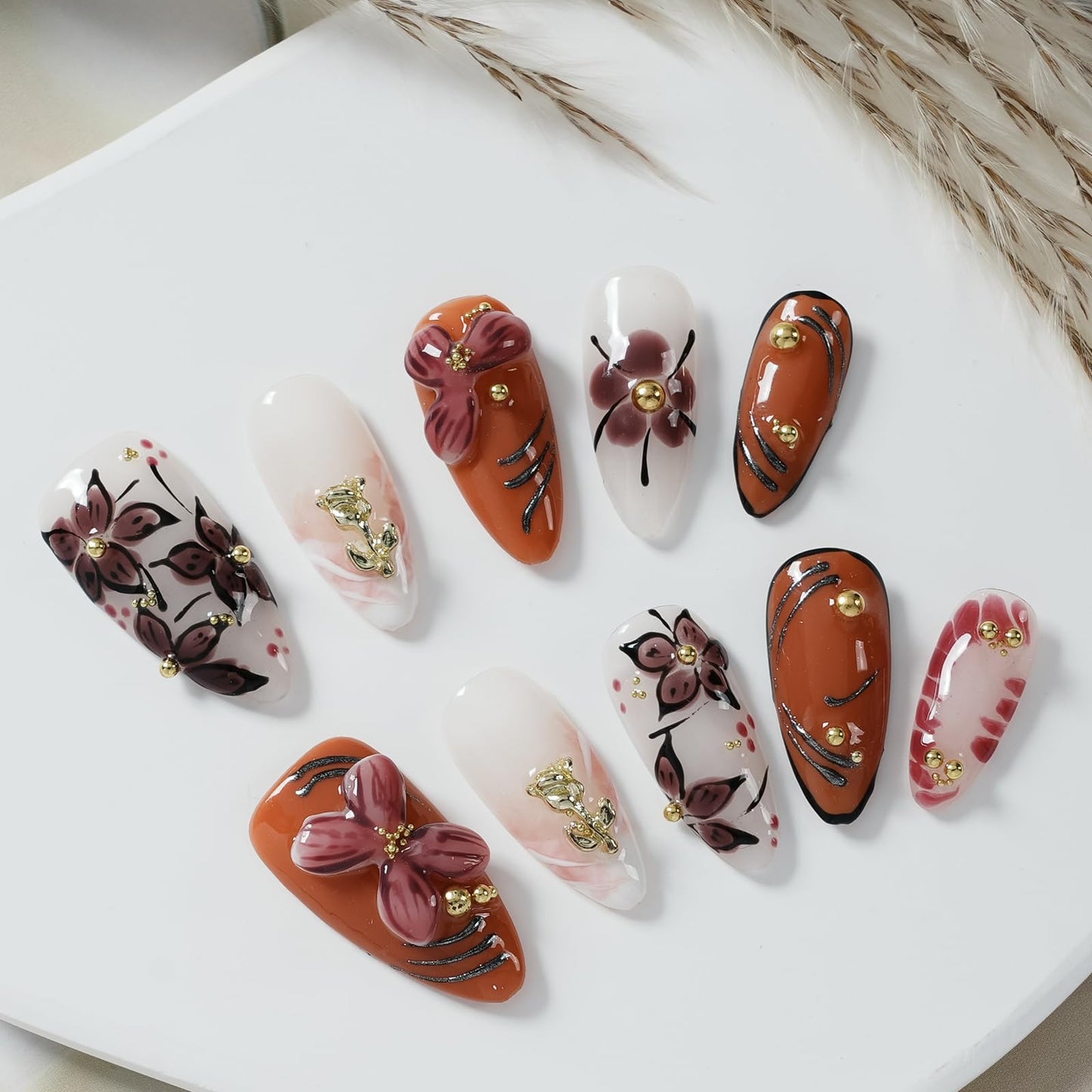 Tesytto Almond Press on Nails Handmade - 3D White Flower & Caramel Orange Glossy Design, Luxury Embossed Reusable False Nails for Daily Wear(Orange Pink Flower Glaze, M)