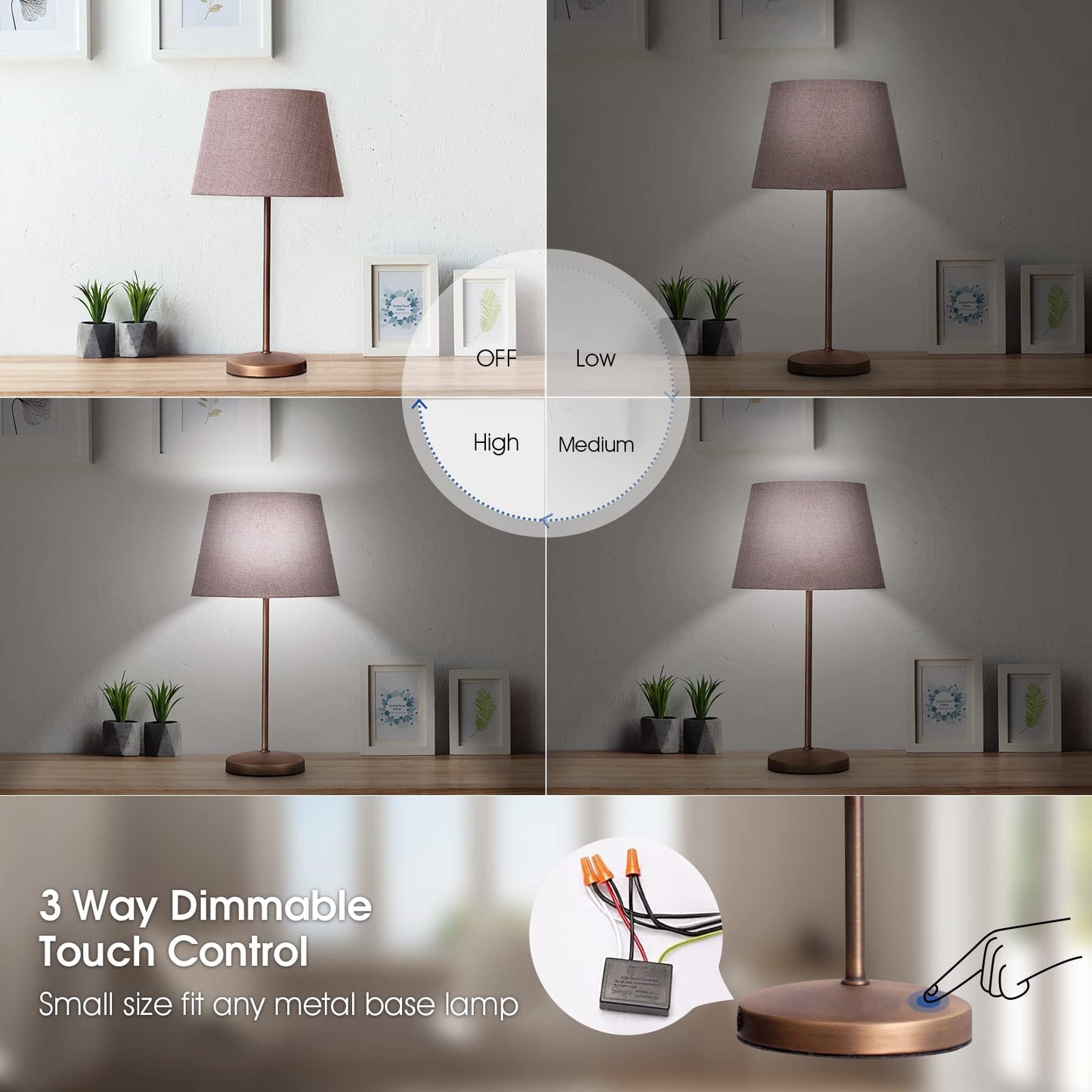 Zeifun Touch Lamp Switch 2 Pack, Touch Lamp Control Module for Dimmable LED, Incandescent, Halogen Bulbs, Lamp Switch Replacement Kit, Touch Dimmer Sensor with 3 Levels Brightness and Wiring Caps