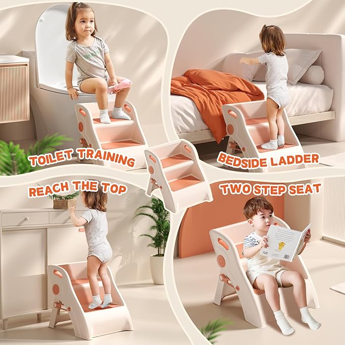 Step Stool for Toddlers – Foldable Toddler Step Stool for Bathroom Sink, 100lbs Load Bearing Non-Slip Kids Stool with Handles and Anti-Tip Design - Potty Training Stool for Ages 2+ (2.Brown)