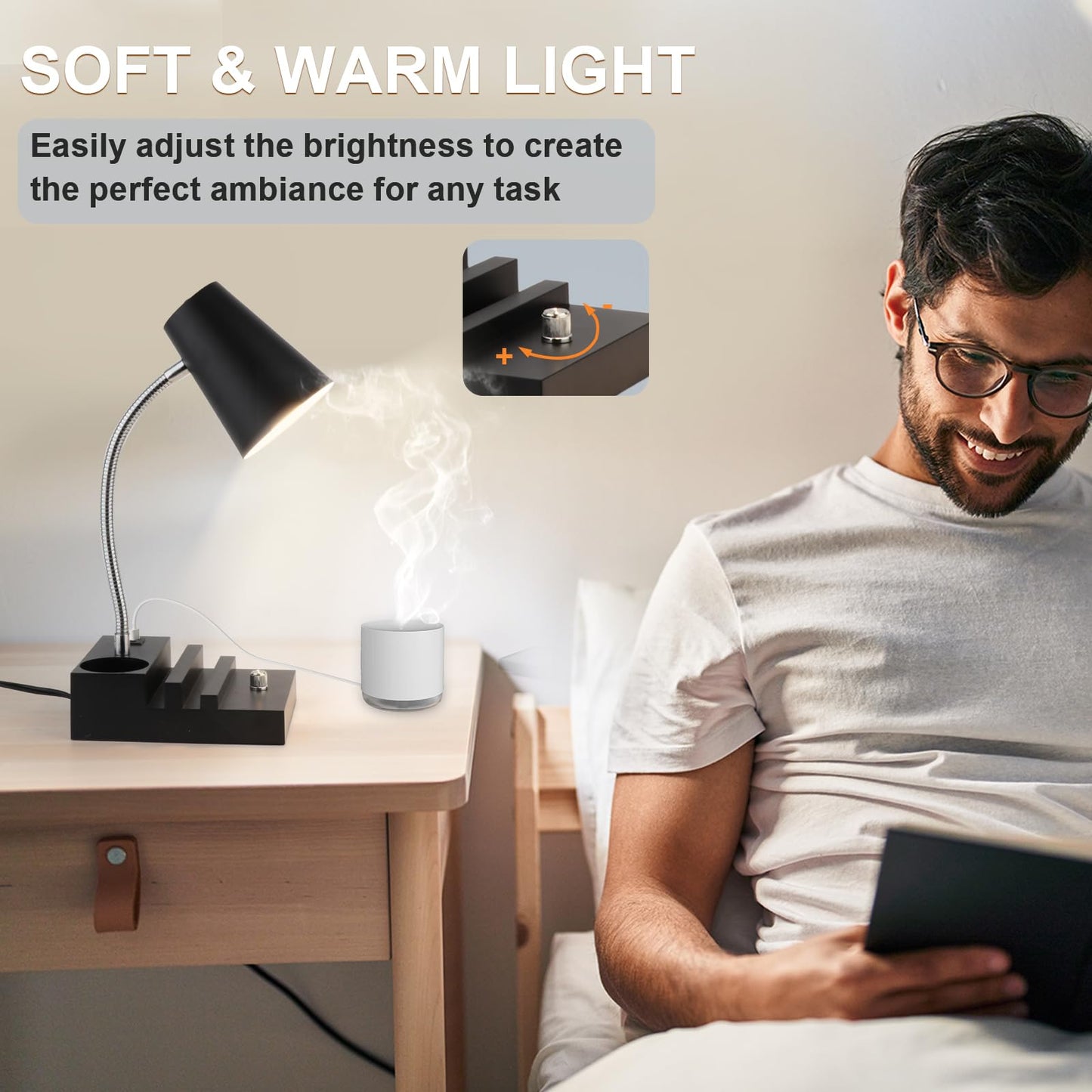 LALISU Study Desk Lamp with USB Charging and Type-C Night Light, Gooseneck LED Table Lamp Stepless Dimming Study Table Lamp with Pen Holder for College Dorm Bedroom and Office (Black)