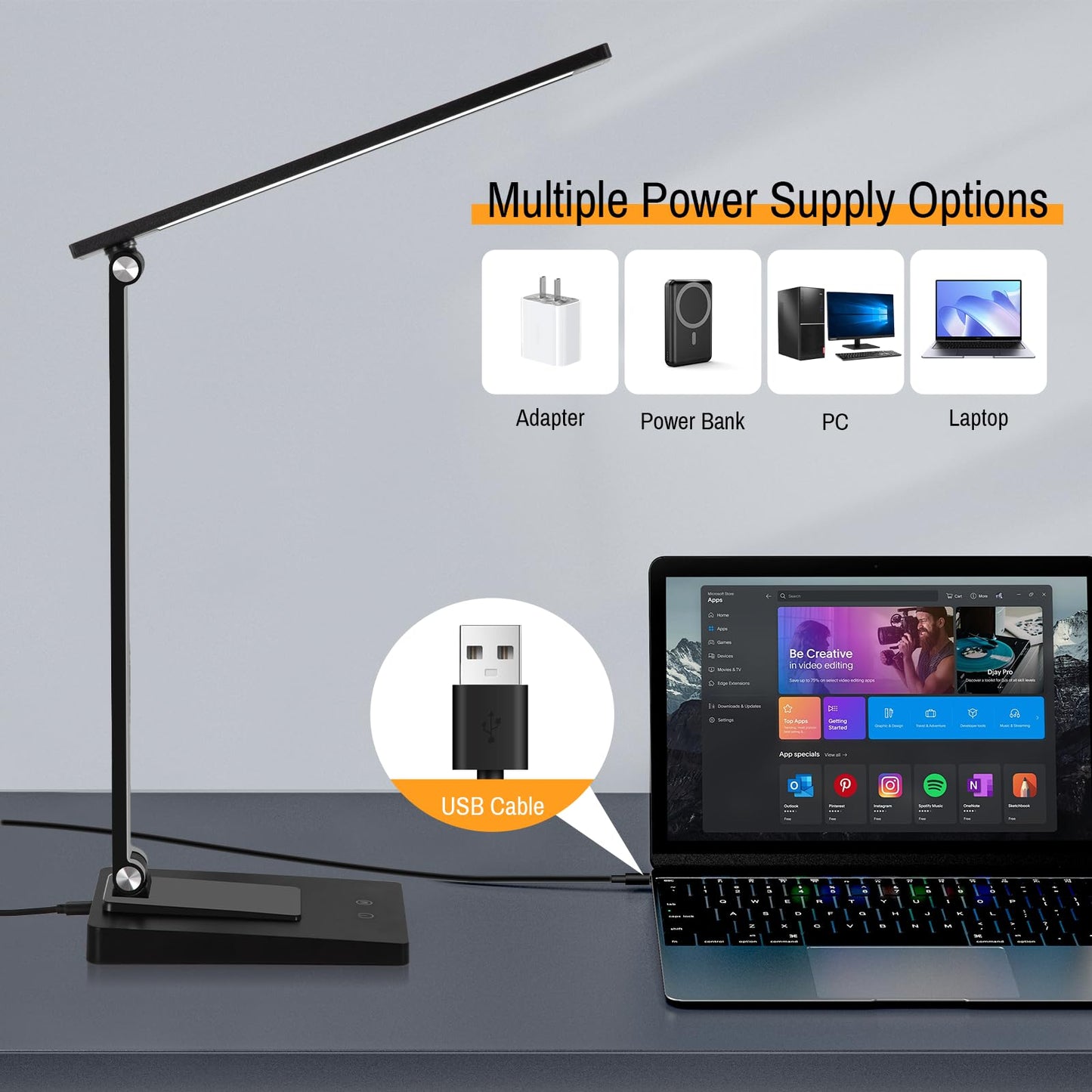 ErayLife Rechargeable LED Desk Lamp, 800LM 2600mAh Reading Table Lamp, 5 Color Modes 5 Brightness Touch LED Desk Lamps, Bedside Lamp with USB Charging Port for Study Home Office Nail, Black