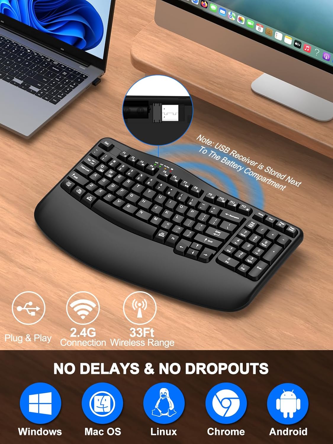 EDJO Ergonomic Wireless Keyboard with Wrist Rest, Wave Keys, Comfortable Natural Typing, 2.4GHz Ergo Wireless USB Computer Keyboard for Multi-OS, Windows, Mac OS, Laptop, PC (Black)
