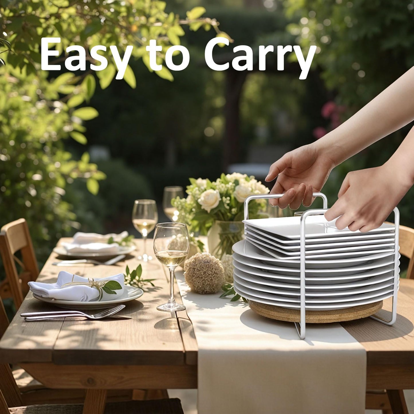 Dish Rack for Kitchen Countertop Organizer - Bamboo Plate Organizer for Cabinet Space Saver, Adjustable Stainless Steel 304 Plate and Bowl Holder with Portable Handle for Drawer Cupboard Shelf RV
