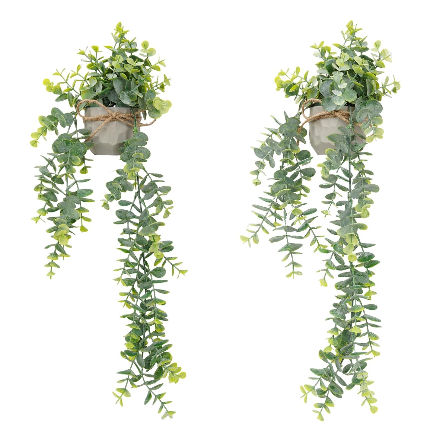 HOFMEFY Artificial Hanging Faux Eucalyptus Plants in Small Gray Geometry Cement Pots with Lanyard for Greenery Wall Shelve Decor (2PCS,Green)