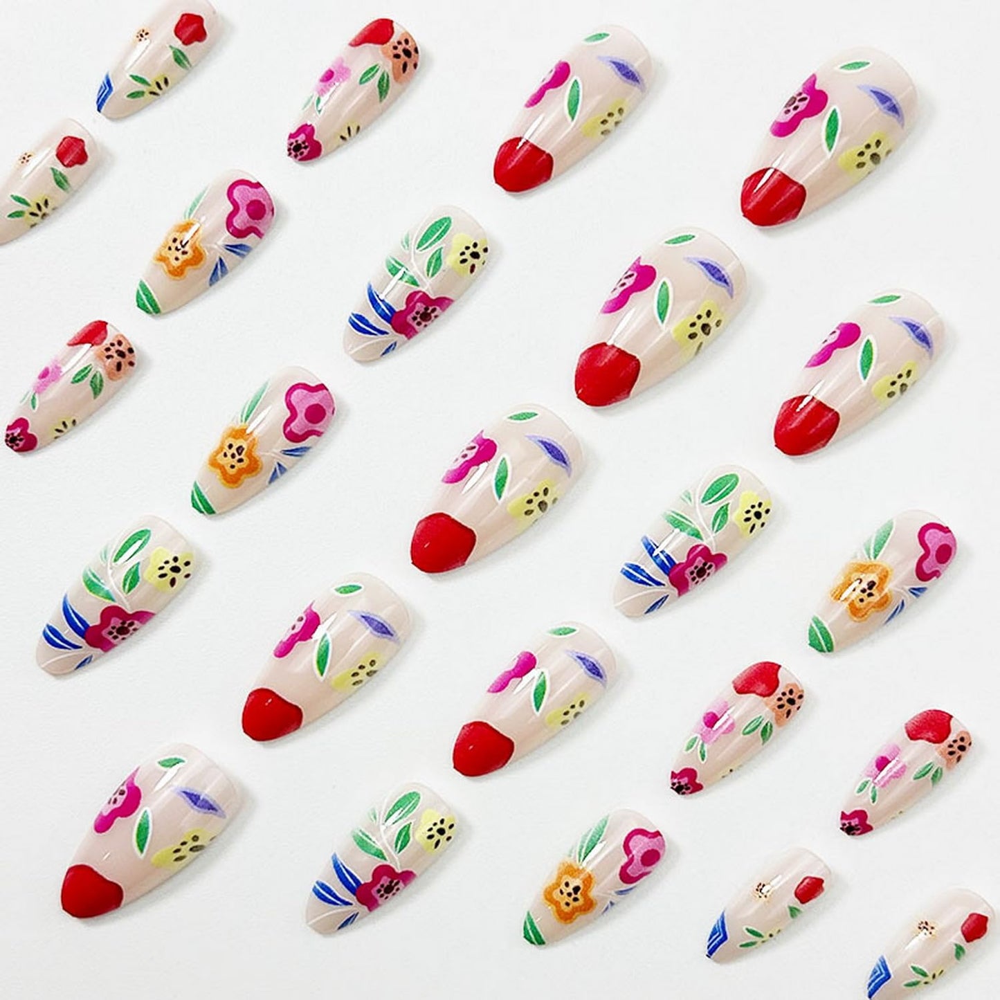 Almond Press on Nails Summer Fake Nails with Colorful Floral designs Acrylic Artificial Nail Full Cover Medium Length Stick on Nail Cute False Nails Reusable Glue on Nails for Women Spring 24pcs