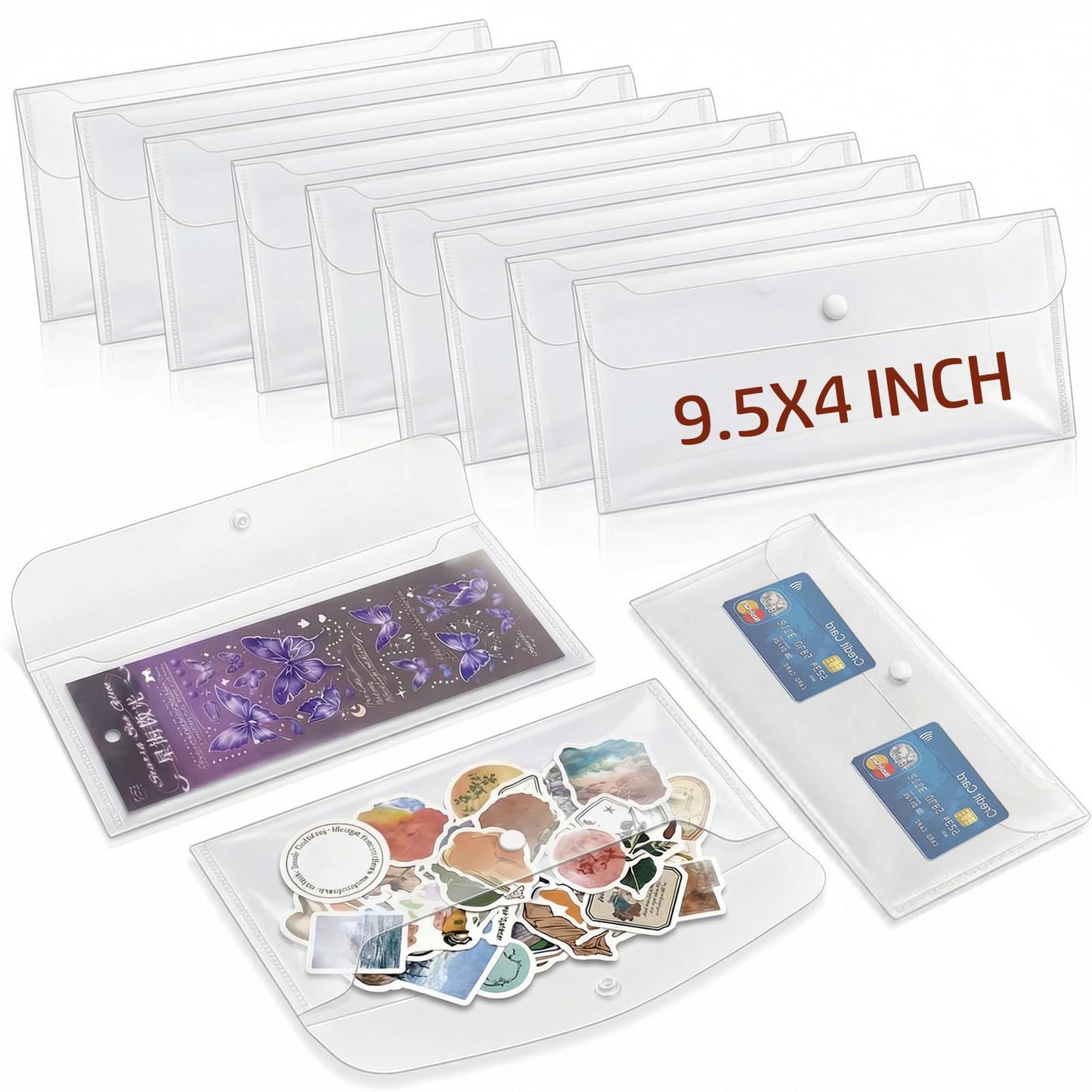 Sticker Organizer, Clear Plastic Envelopes with Snap, 12 Pack Waterproof and Durable for Sticker Storage, Scrapbook Storage, Washi Tape, Scrapbooking & Stamping Supplies (9.5 x 4 Inches)