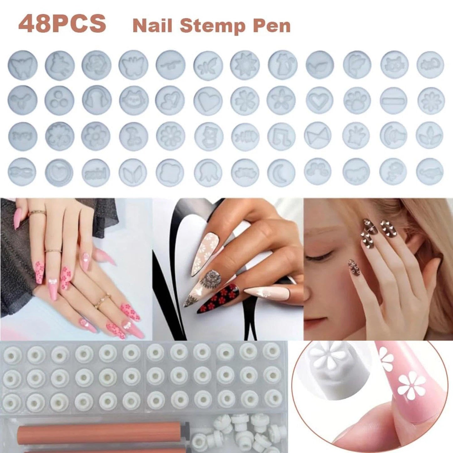 48 Pcs Nail Stamp Pen Set with 2 Ergonomic Handles & 48 Interchangeable Stamp Heads, Floral Butterfly Animal Patterns Nail Art Stamping Kit, Portable Storage Case Included, Design Tools for Women