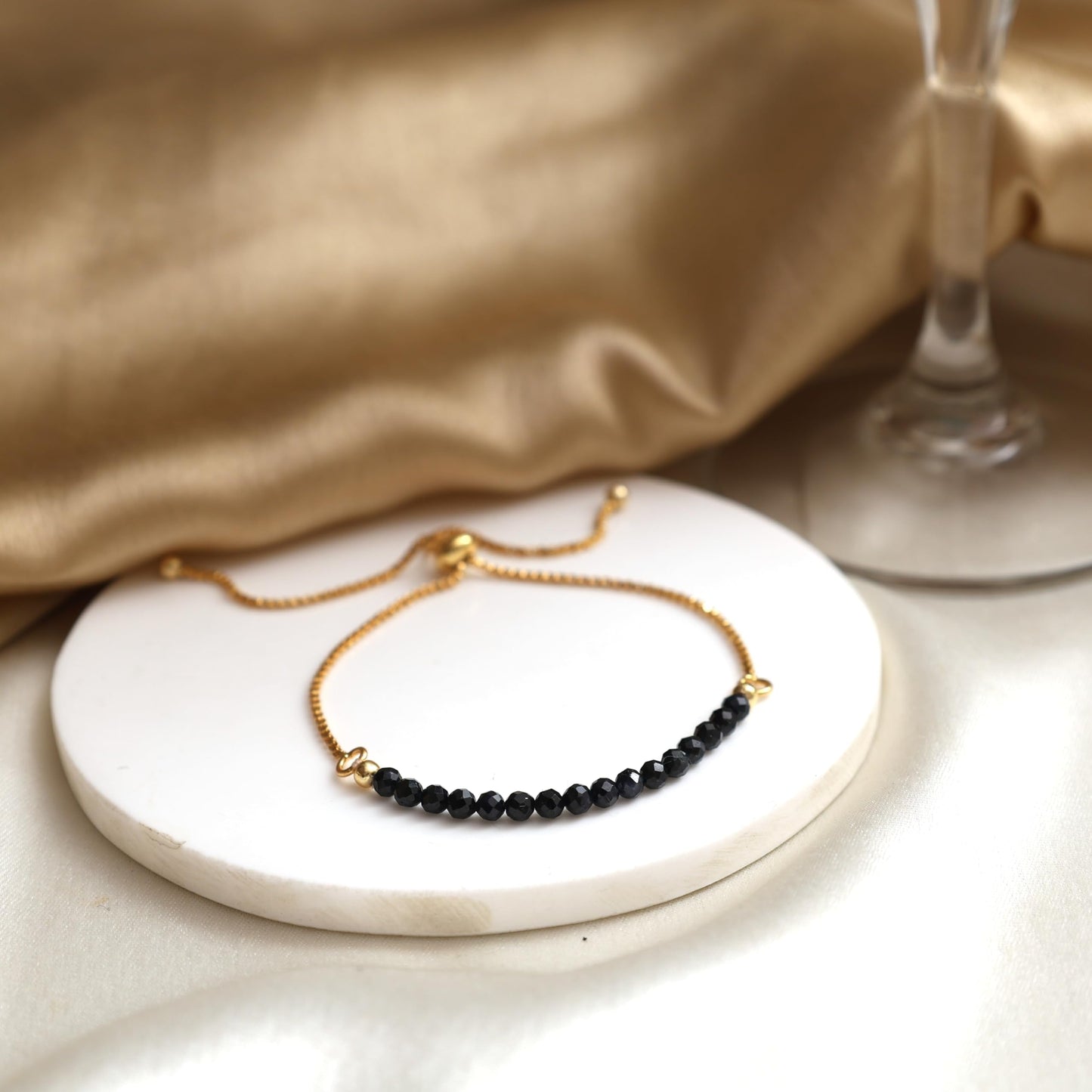 Gempires Midnight Blue Sapphire Beaded Bracelet, Birthstone Bracelet, September Birthstone, Bolo Beads Bracelet, Gift for Her, 14k Gold Plated Chain (6-9inch Adjustable Length)