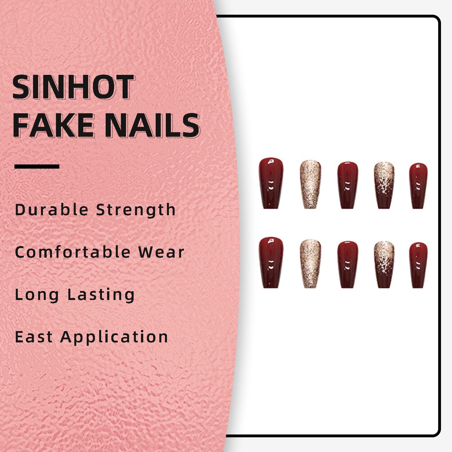 SINHOT Red Press on Nails - Medium Coffin Glossy Glue on Acrylic Gold Glitter Ballerina Artificial Stick on False Nails with Design - 24 pcs