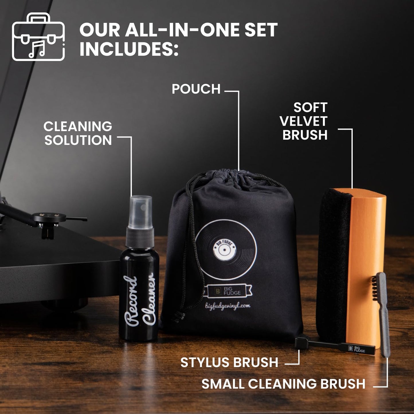 Big Fudge Vinyl Record Cleaning Kit - 4-in-1 Vinyl Record Cleaner Kit for Records Includes Ultra-Soft Velvet Brush Cleaning Liquid Stylus Brush and Storage Pouch - Pro Records Care