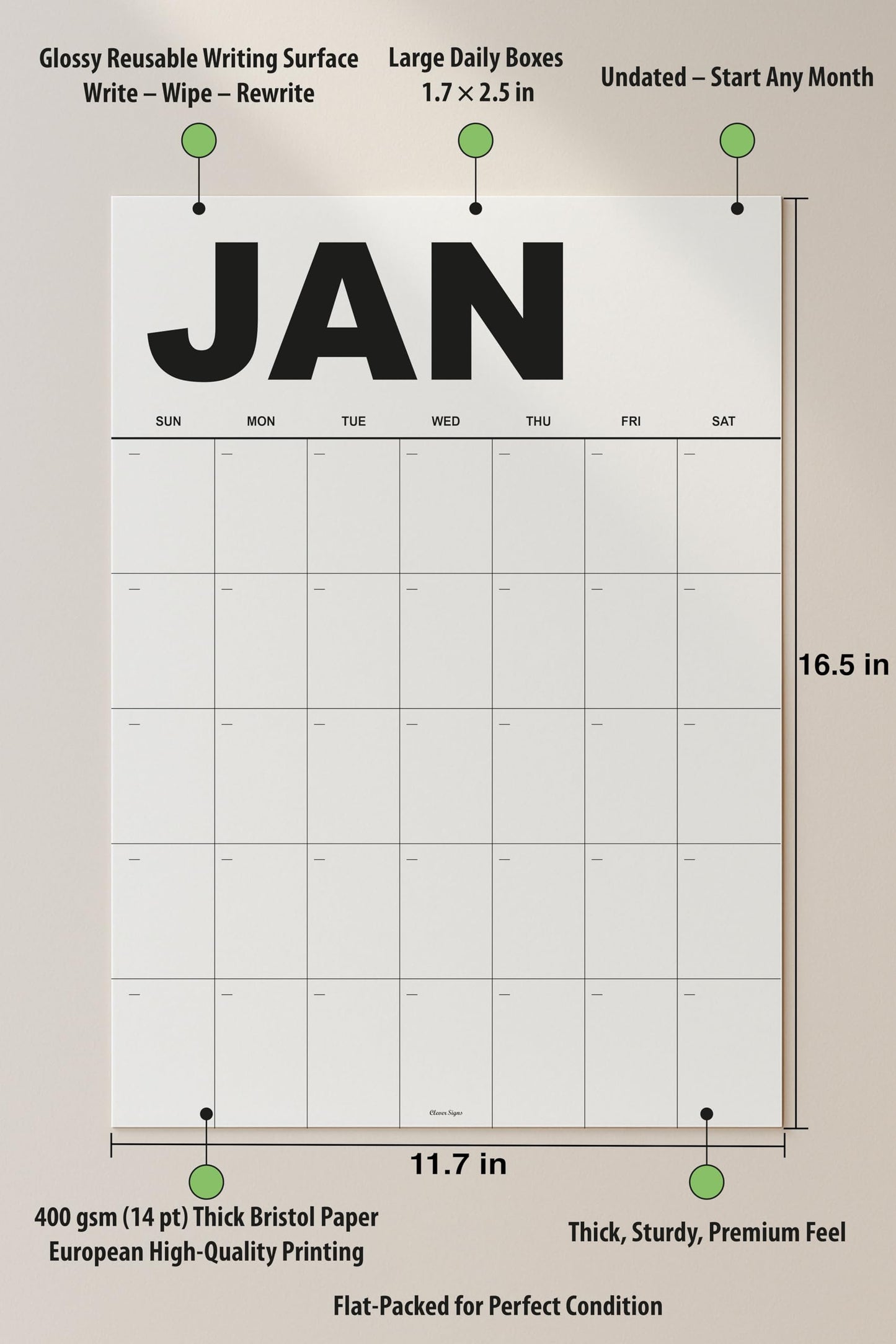 Dry Erase Undated Wall Calendar Planner – Minimal Black Design, Set of 12 A3 Monthly Sheets, Premium Thick Paper, Large Daily Boxes, Glossy Reusable Surface, Packed Flat – Not Folded