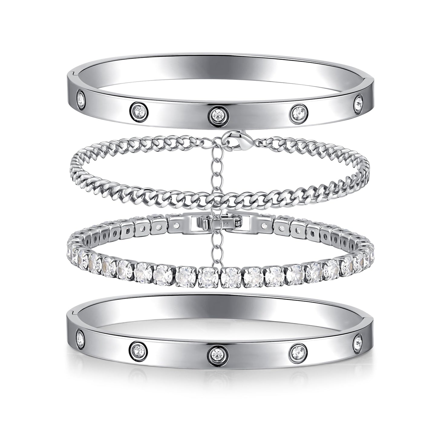 Kainier Gold Bracelets Sets for Women 4pcs Love Bangle Bracelet Cubic Zirconia Tennis Cuban Chain Stacking Gift for Love Gold/Silver (Silver)
