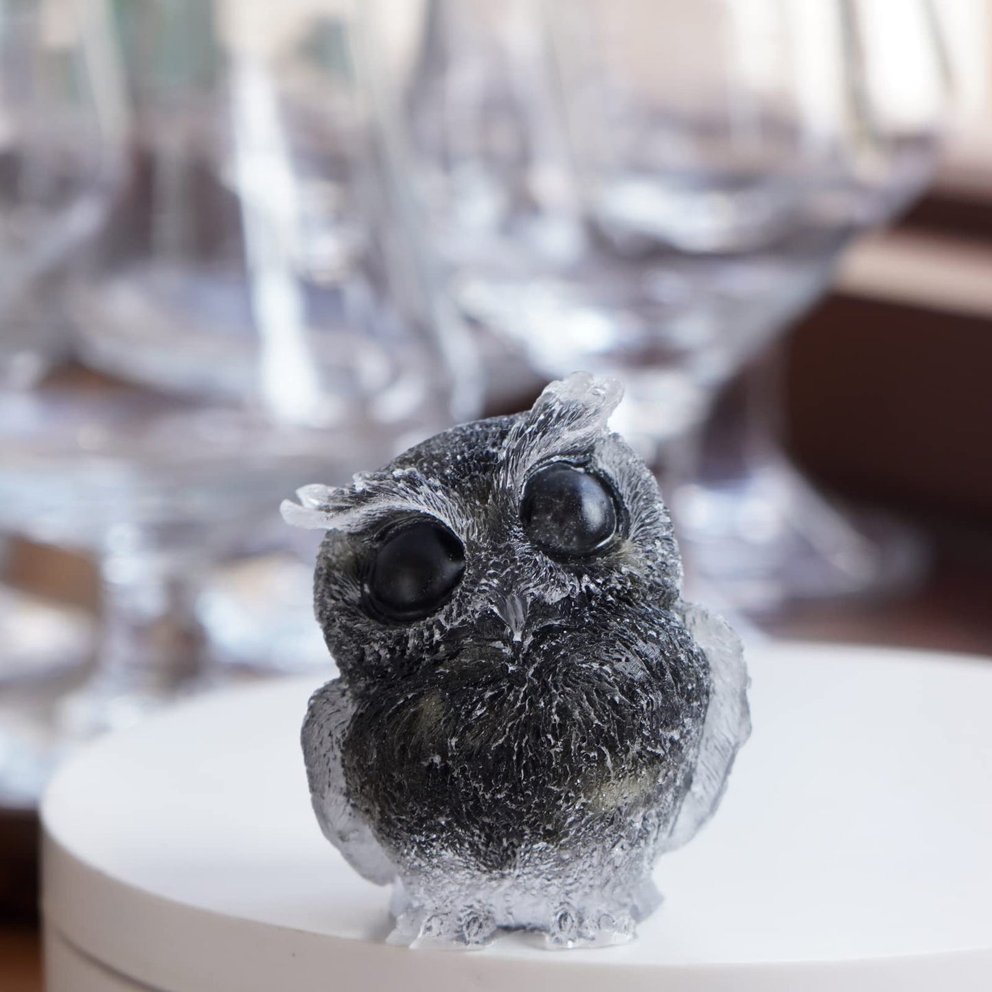 OwMell Owl Statue Tumbled Stone Gemstone Owl Figurine Home Decor Shelf Decor 2.5" - Black Obsidian