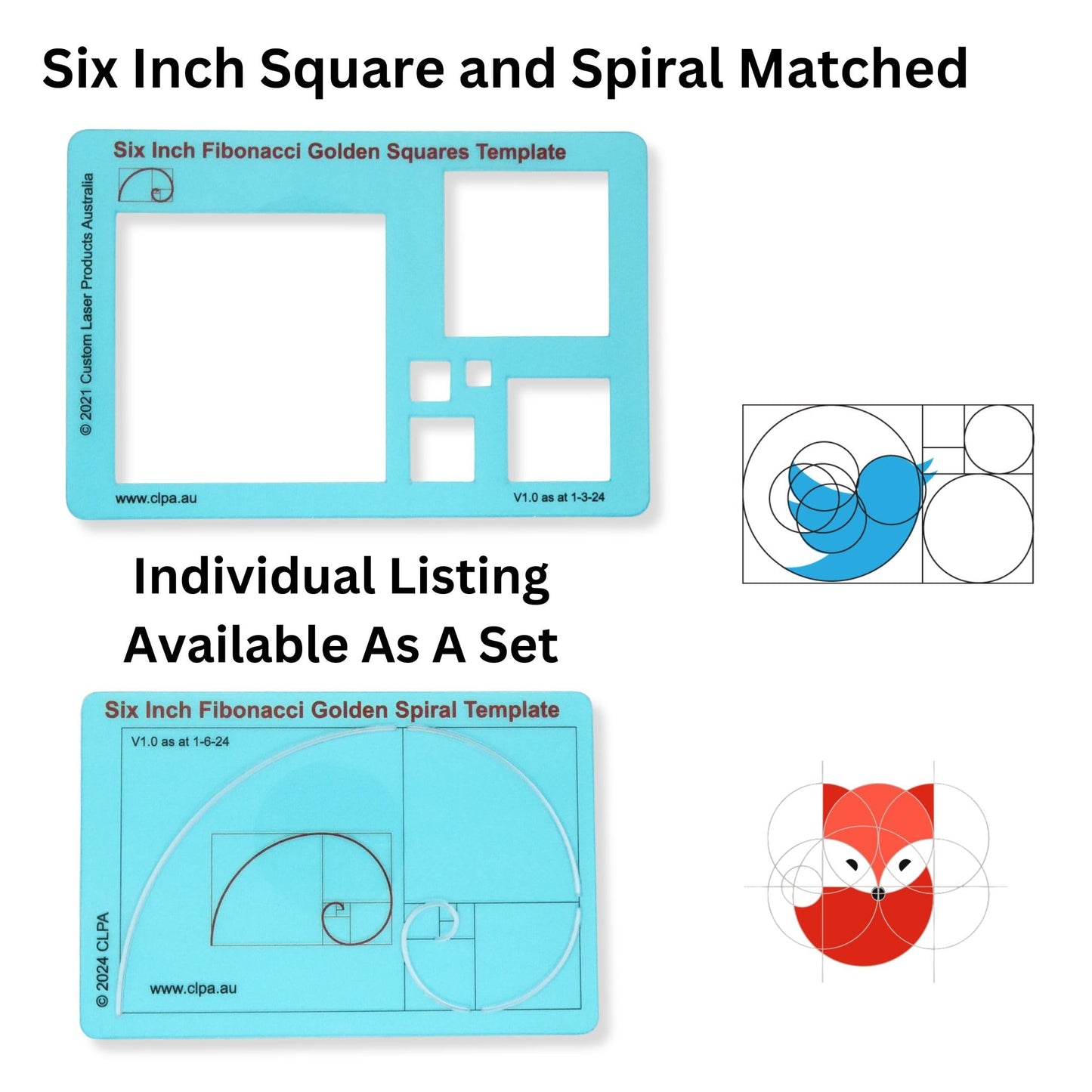 CLPA 6" Square Stencil Template — Golden Ratio Tool for Drawing | Fibonacci Template | Geometric Stencil for Art, Drafting and Quilting | Clear PETG | Made in Australia