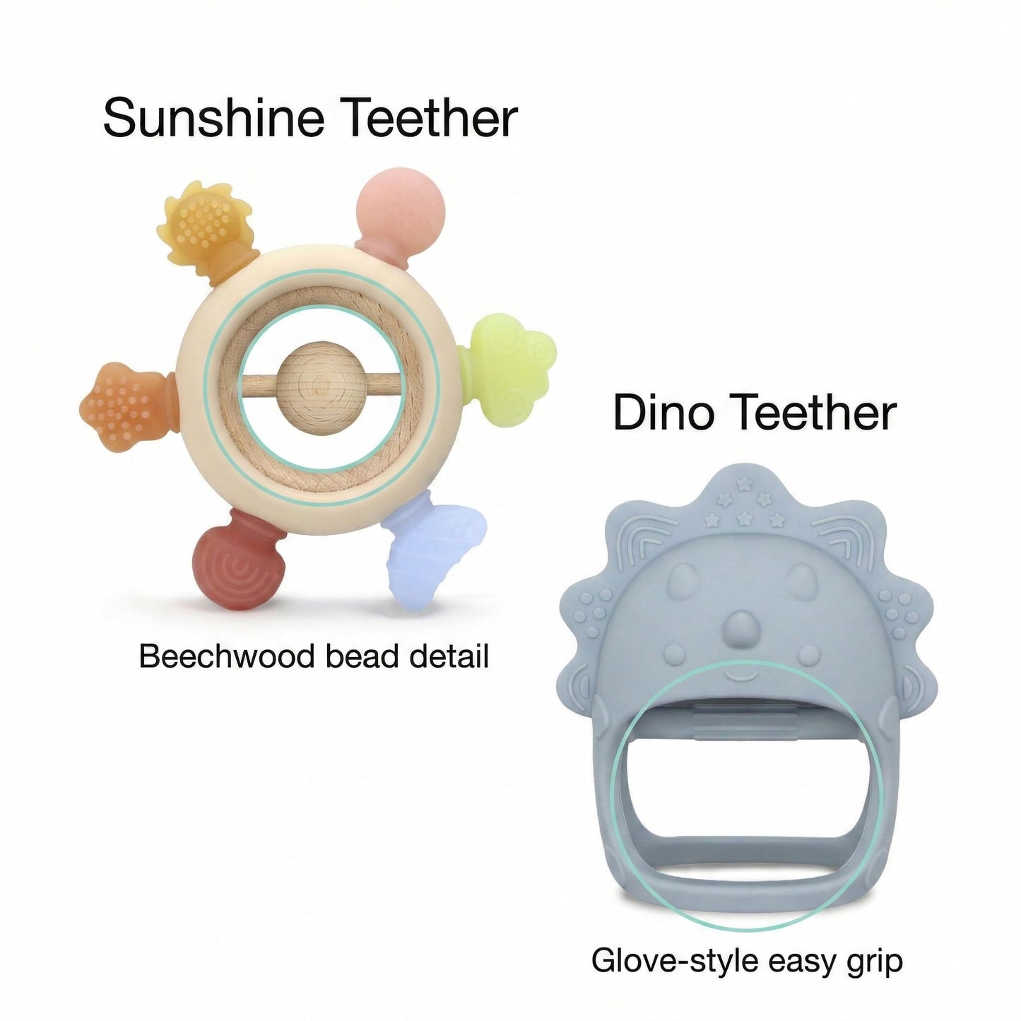 TINBLII Baby Teething Toys 2 Pack, Dinosaur Mitten Teether and Ring Sun Teether with 6 Chewing Points, Silicone Chew Toys for Infants 0-6 6-12 Months, BPA Free Soothing Gum Relief Set (Blue)