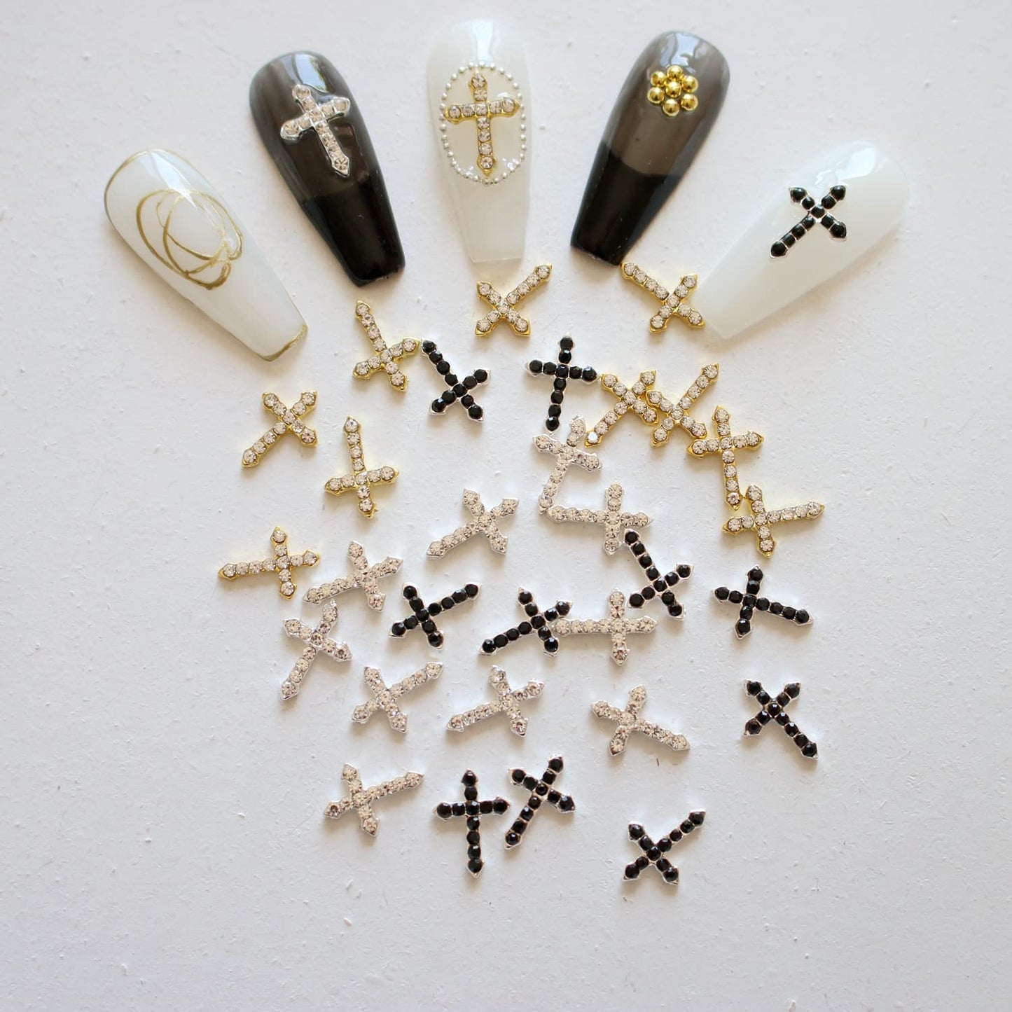 30PCS Nail Art 3-Color Mixed Metal Cross with Rhinestone Shapes DIY Craft Deco 3D Metal Charms 10331