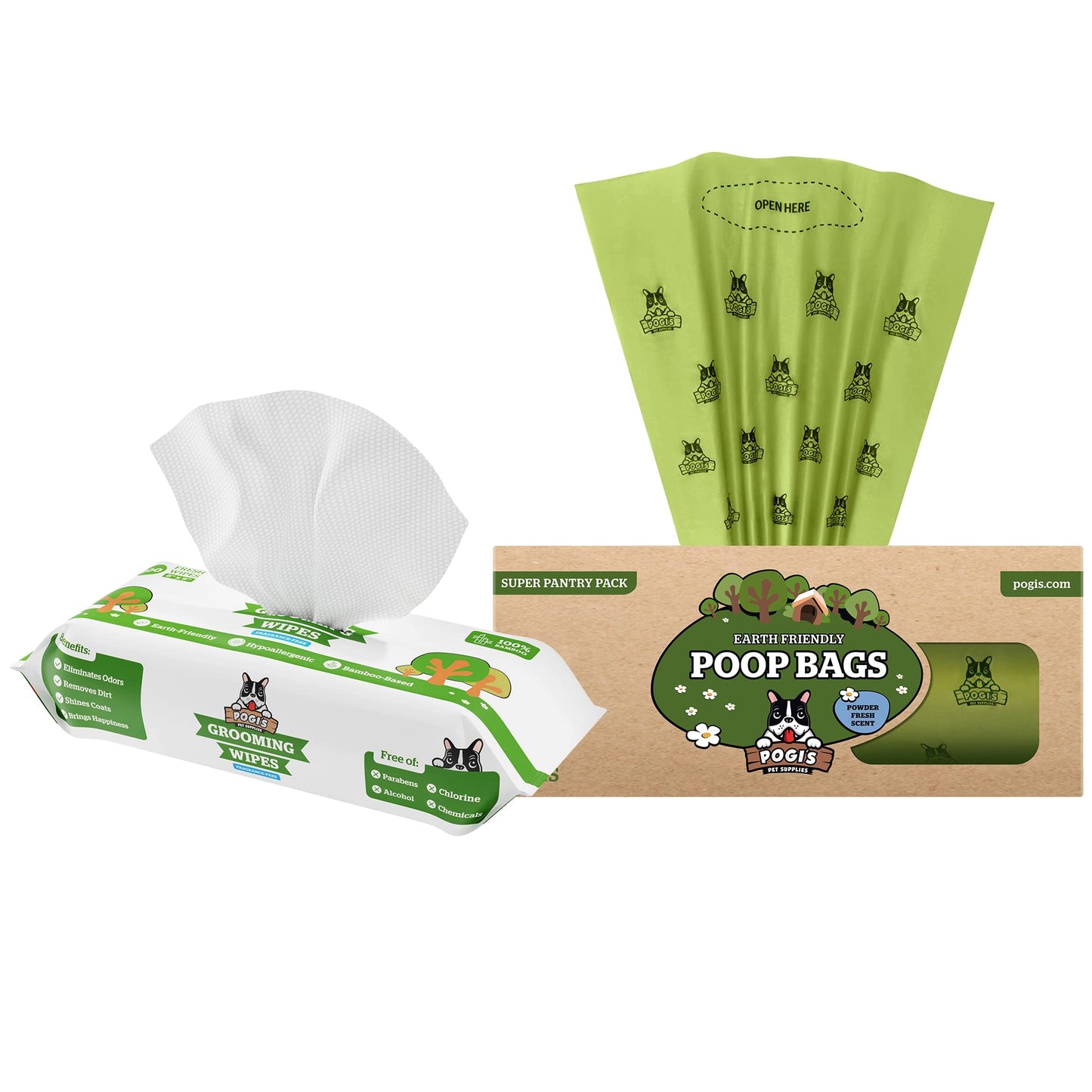 Pogi's Poop n' Wipe Combo - 500 Dog Poop Bags and 100 Plant-based Grooming Wipes Bundle
