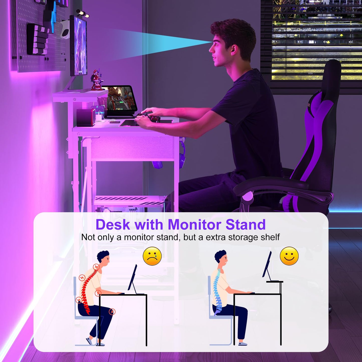 X-cosrack 33.5" Small Gaming Desk with LED Lights & Power Outlets, Compact Computer Desk with Monitor Stand & CPU Stand, Gamer Table with Storage Drawer, Side Hooks for Home Office, Bedroom, White