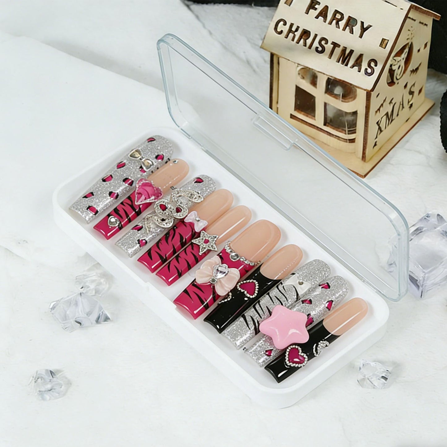 10 Pcs Extra Long Handmade Press on Nails Square Fake Nails with 3D Bow Rhinestones Star Charms Design Red Leopard Print French Tip False Nails Acrylic Wedding Long Press Ons Nails for Women - M Size