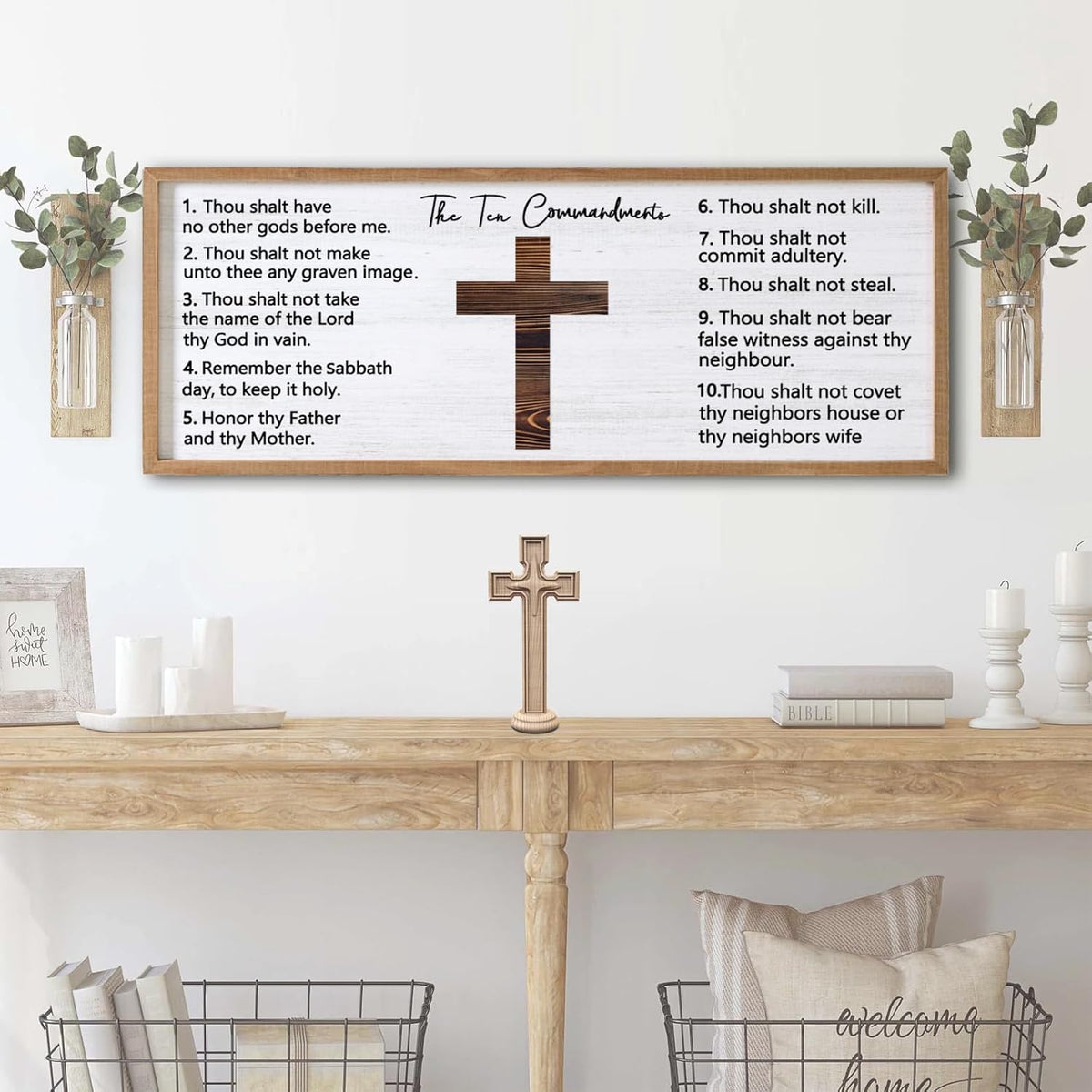 Ten Commandments Rustic Bible Verse Framed Wall Art 40" x 15" Natural Religious Christian Slogan Representing God Jesus Christ Prayer Vintage Holy Inspirational Catholic Scripture Decor