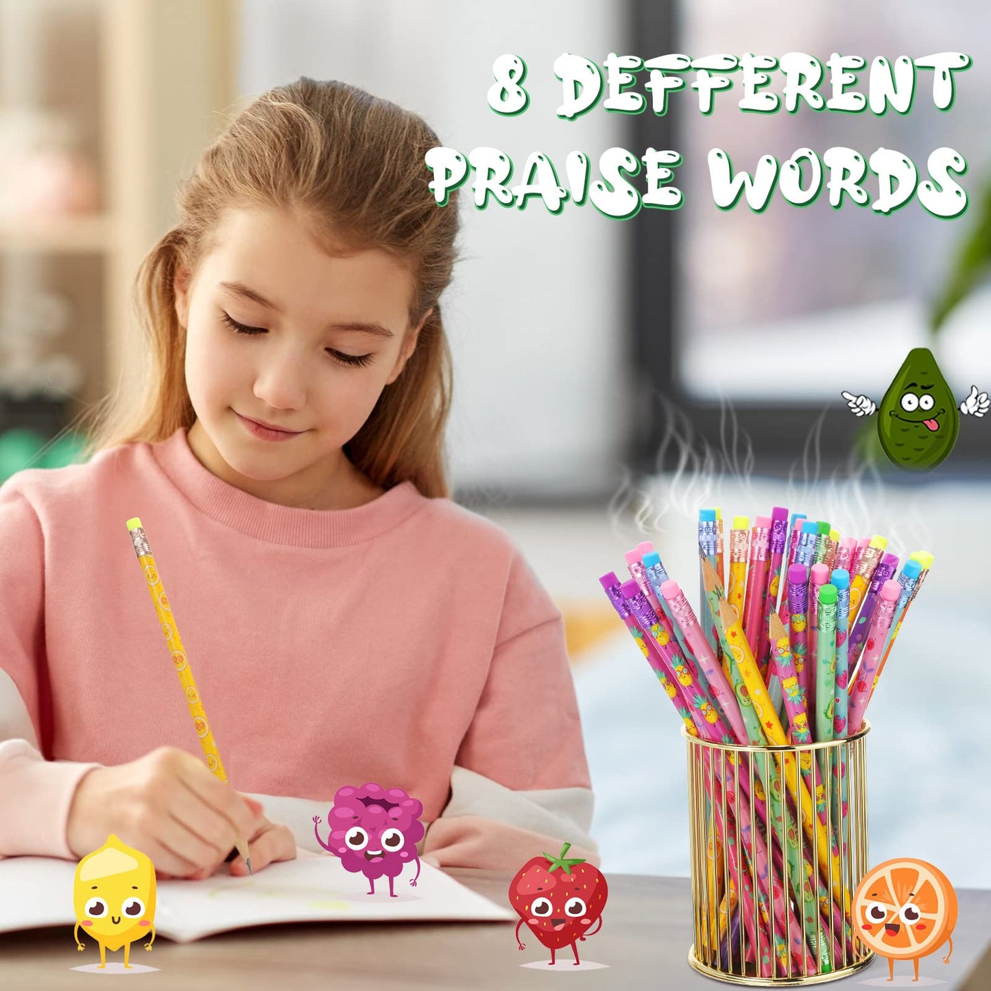 Leinuosen 300 Pcs Scented Pencils Bulk for Kids Inspirational Cute Fun Wood Smelly Pencils with Erasers Fruit Elements for School Classroom Office Students