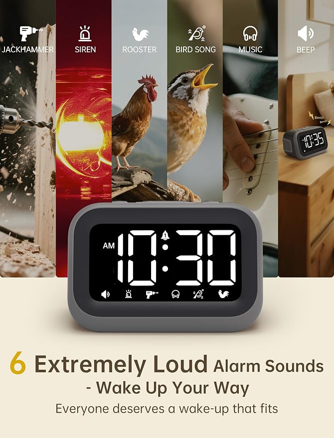 Acedeck Super Loud Alarm Clock: 115dB Wake-Up Power | Dual Alarms and 6 Alarm Sounds for Heavy Sleepers Adults and Shift Workers - Bedroom and Daily Wake-Up Use (White Digits)